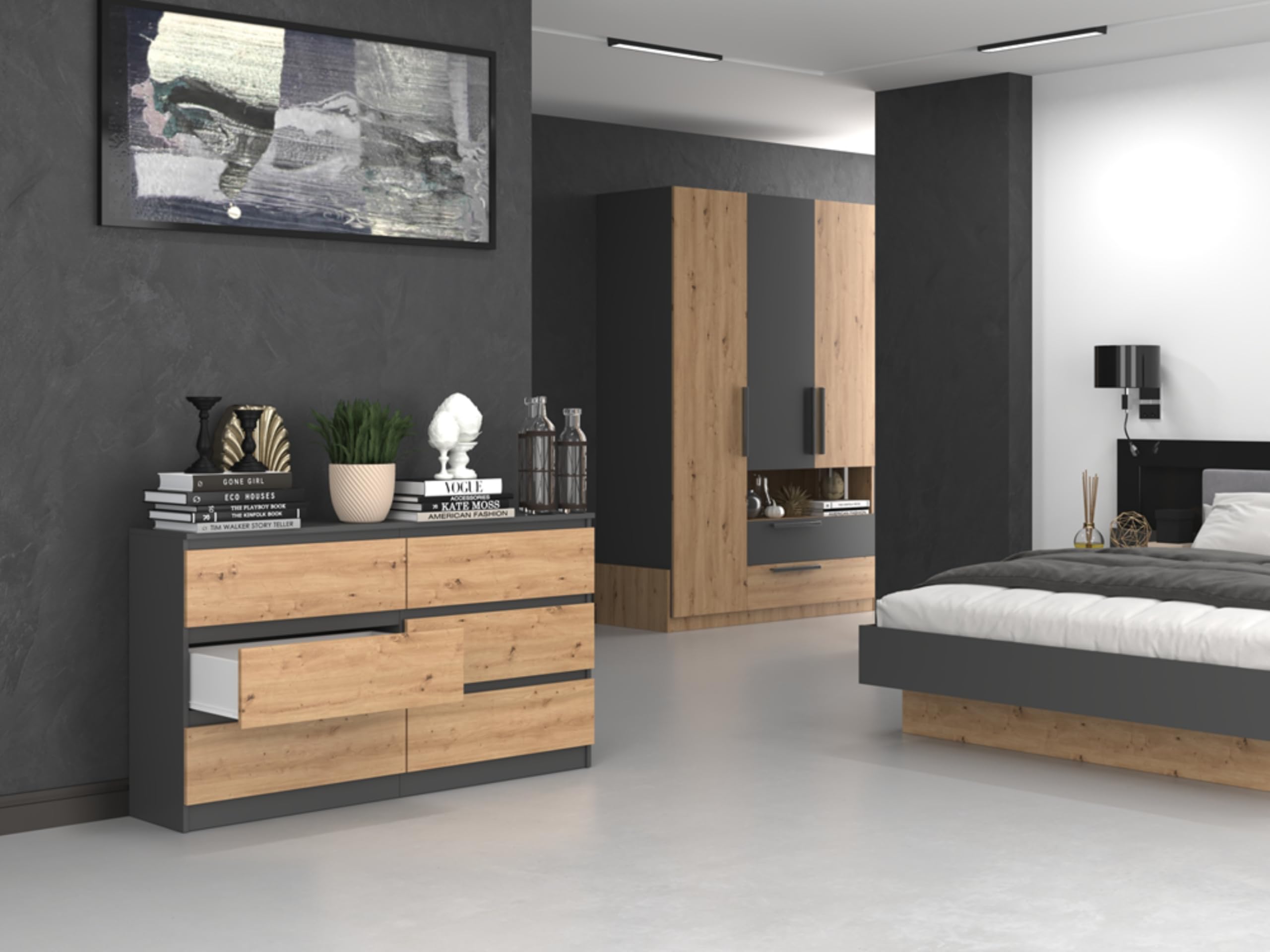 Home Collective Kommode, Schlafzimmer Flur, Schrank, Sideboard, Highboard mit 6 Schubladen, Breite 140 cm Höhe 75 | Anthrazit Artisan Perfekt für Wohnzimmer, Schlafzimmer oder Esszimmer