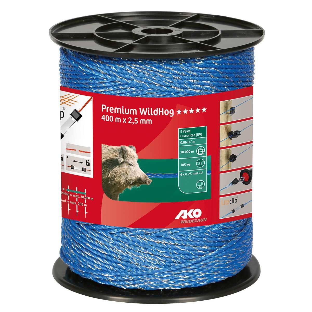 AKO Fencing Weidezaunlitze Premium WildHog, blau, 400m Länge, 3x0,25 Cu, 6x 0,20 SSW, speziell für die Wildabwehr entwickelte Litze