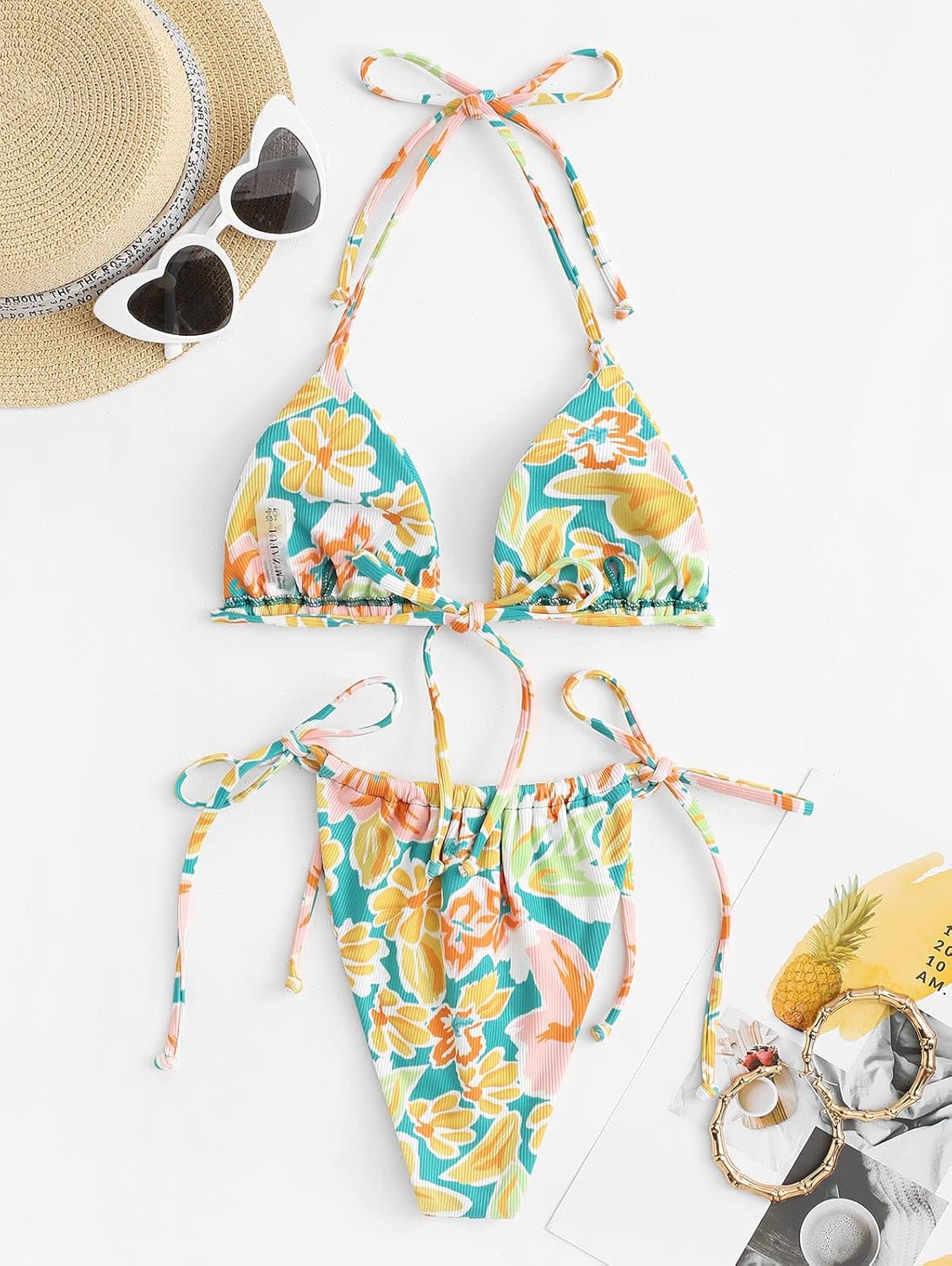 ZAFUL Womens Printed Triangle Bikinis 2 Piece Halter Bikini Sets High Cut Bathing Suit Side Tie Swimsuits