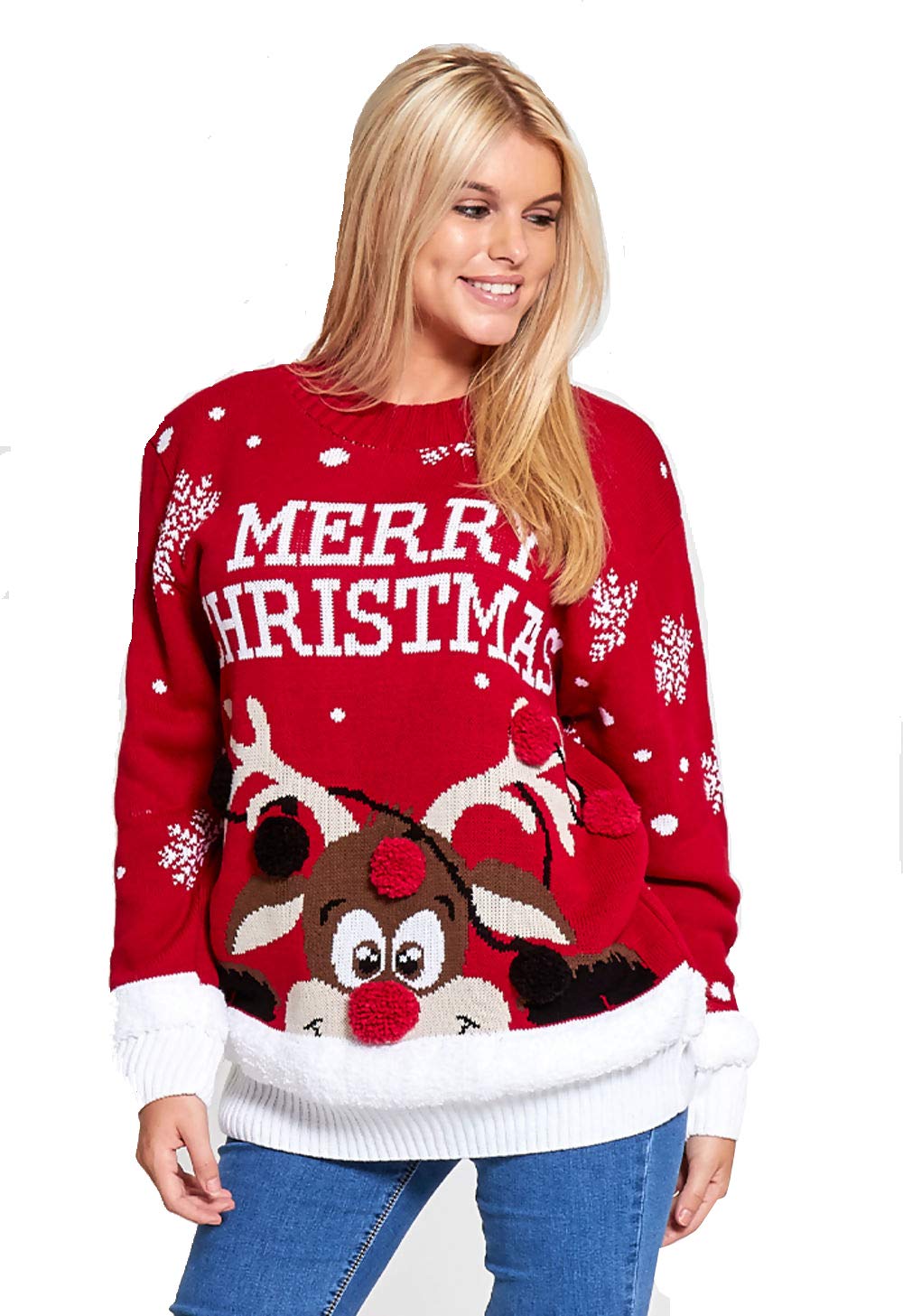Divadames Women's Red Christmas Jumpers Xmas Jumpers Winter Knitwear Reindeer Xmas Jumper Snowflake Jumper Slogan Jumpers Pom Pom Rudolph Jumper Uk Sizes (10, J1067 (Red))