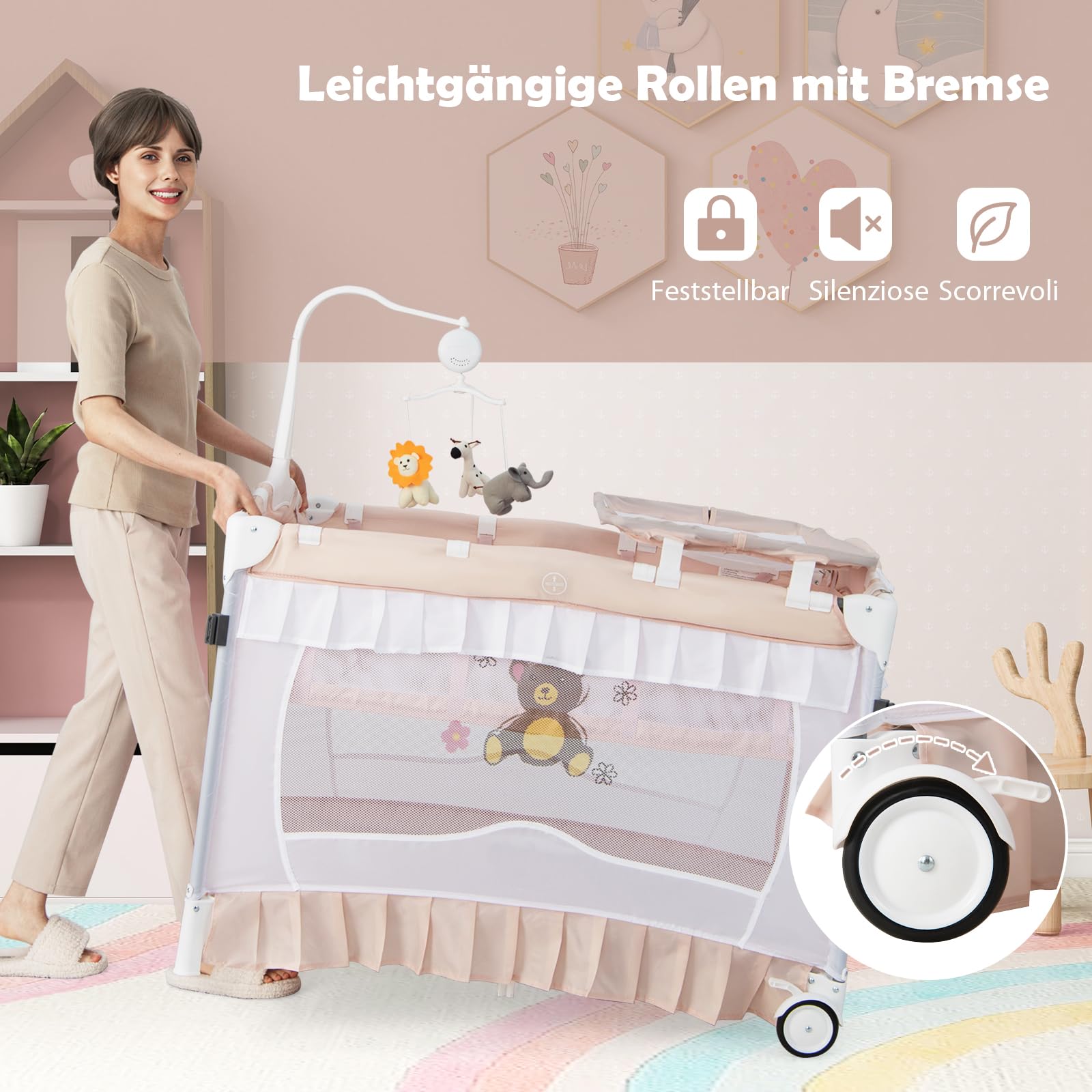 DREAMADE 5 in 1 Reisebett Baby mit Matratze & Baldachin, Babybett Faltbar mit Rollen, Wickeltisch & Laufstall, Beistellbett Baby mit Musikbox & Hängespielzeug, für Neugeborene 0-36 Monate (Rosa)