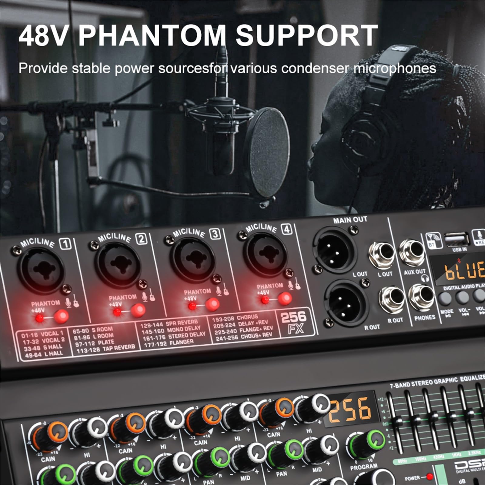 Mixer con effetti DSP a 4 canali, 256 canali, registrazione, PC, alimentazione Phantom a 48 V, mixer USB, console DJ Bluetooth, mixaggio