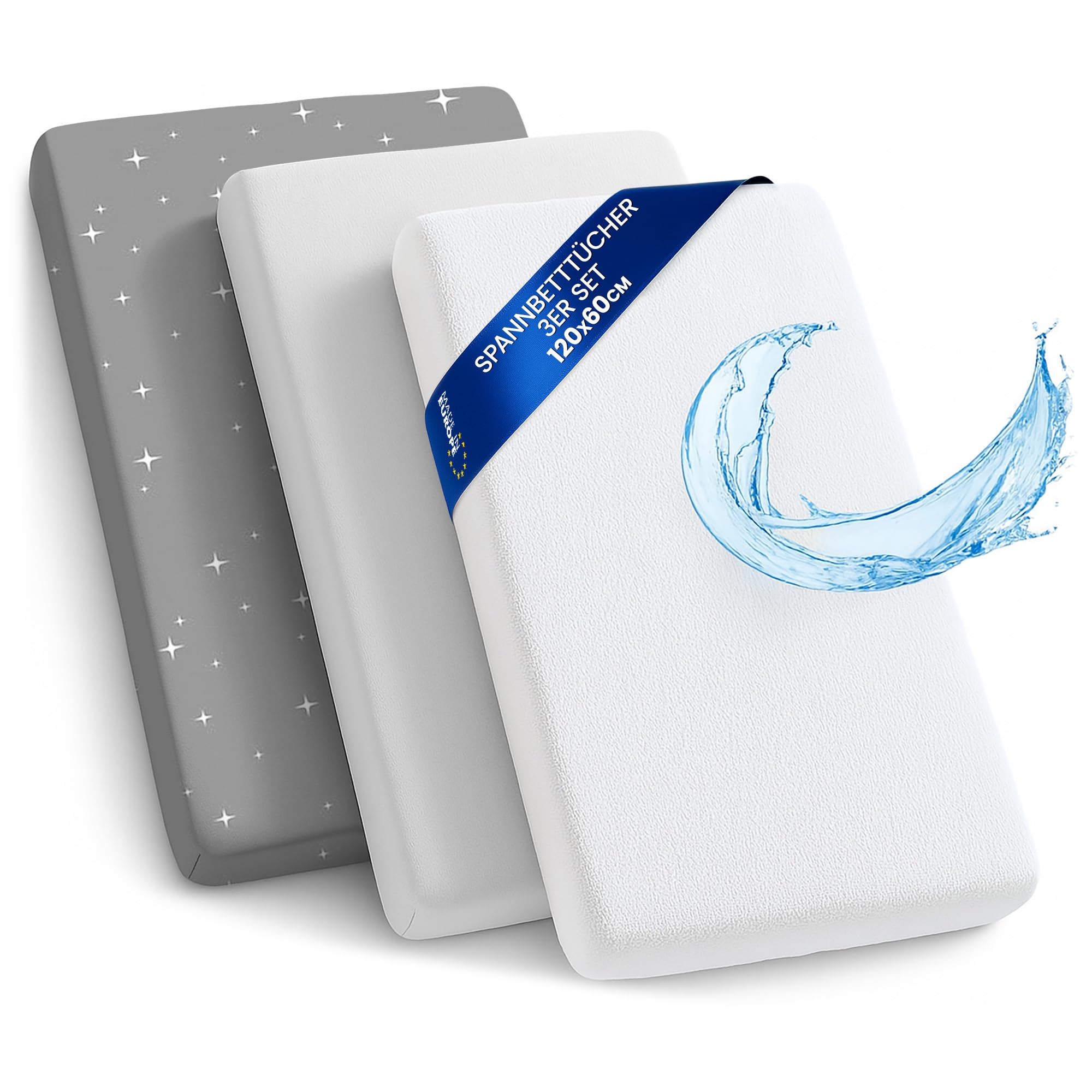 Lenzuola con angoli per passeggino: Set di 3: 120 x 60 cm - 2 lenzuola + 1 coprimaterasso impermeabile - Accessori per lettino per culla co-sleeping carrozzina Galassia