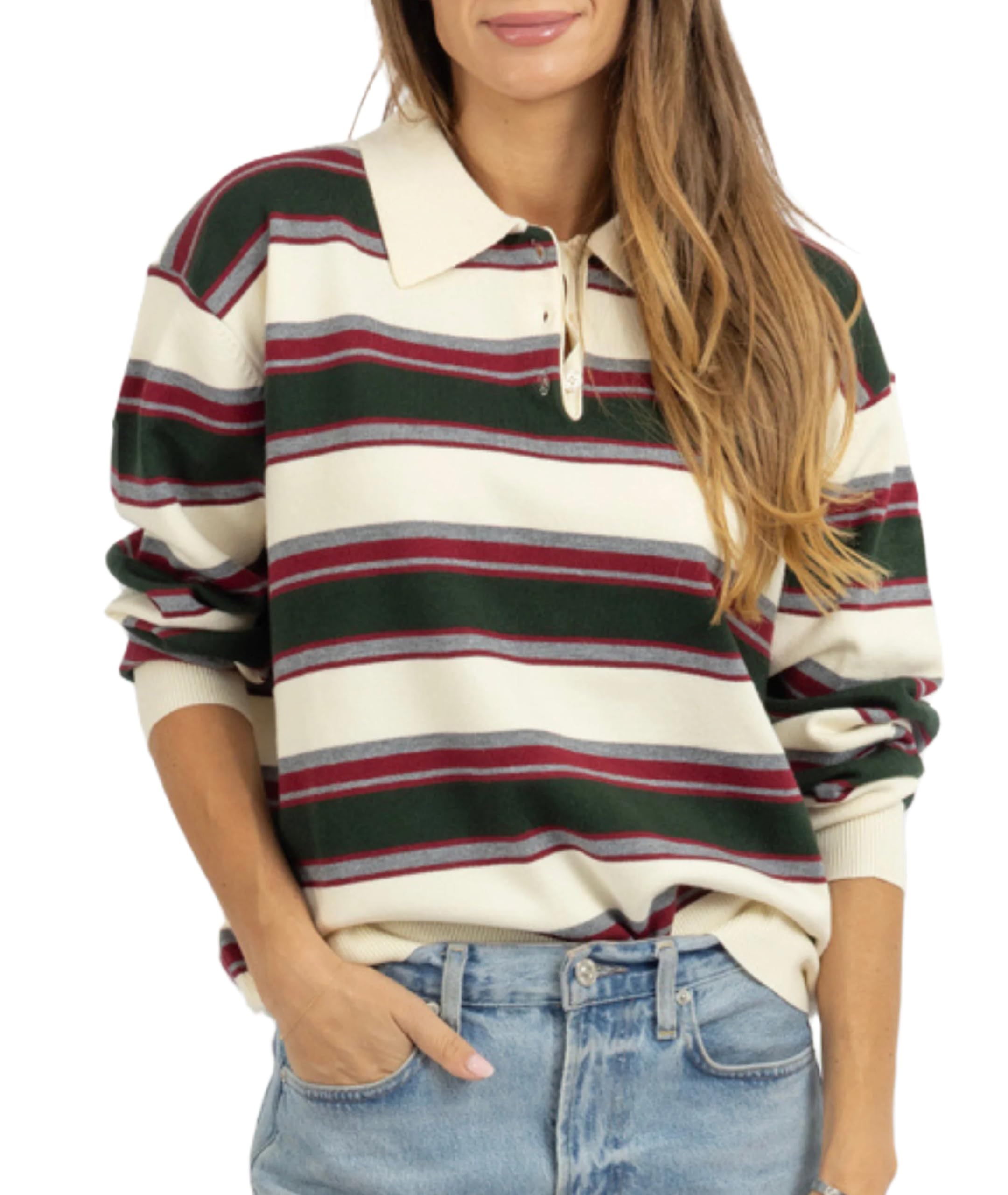 Giraropa Women Striped Polo Sweater Long Sleeve V Neck Collared Knit Pullover Sweaters Fashion Tops