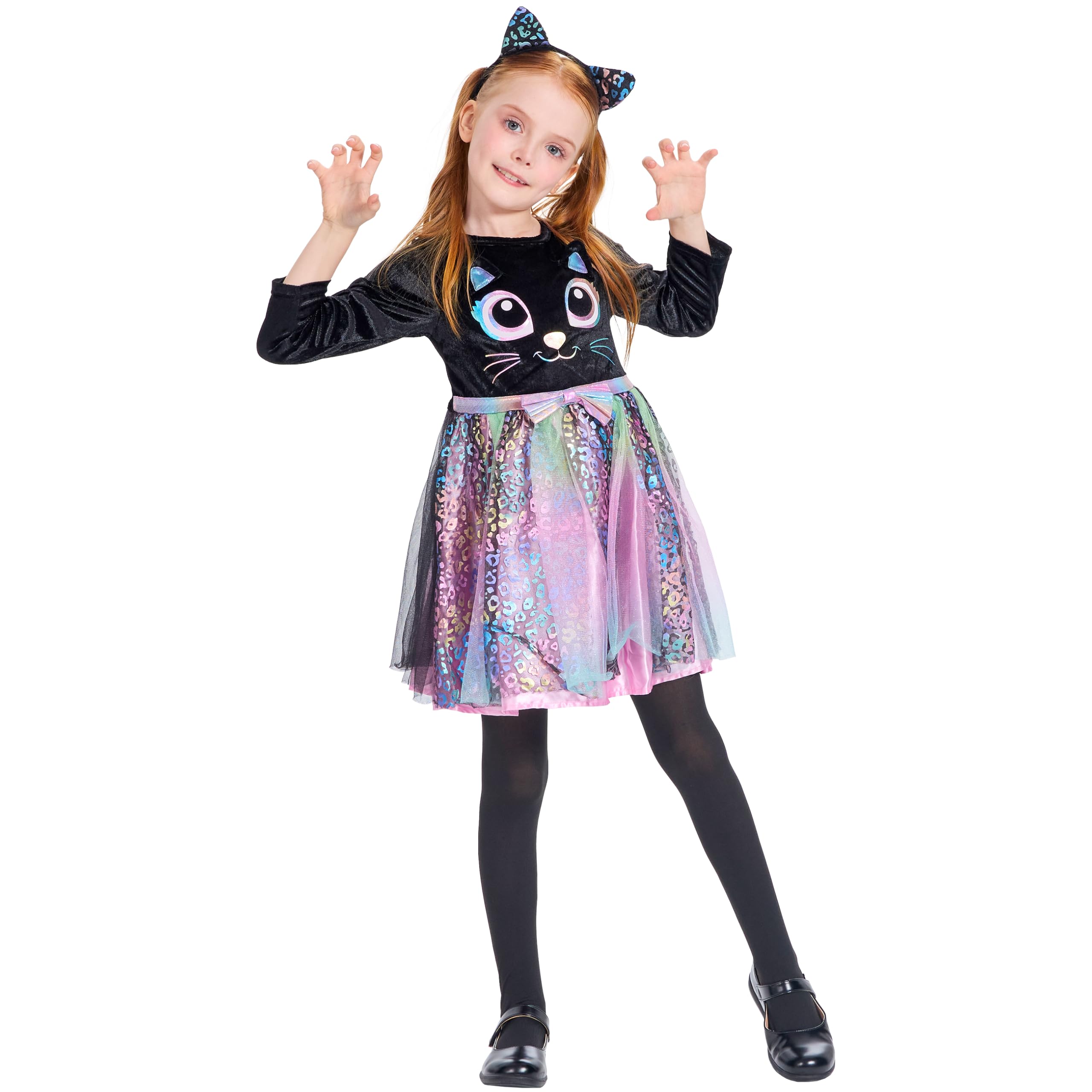 IKALI Baby Mädchen Katzen Kostüm Kleid Süßes Schwarzes Katze Outfit mit Regenbogen Tüllrock Für Karneval Fasching