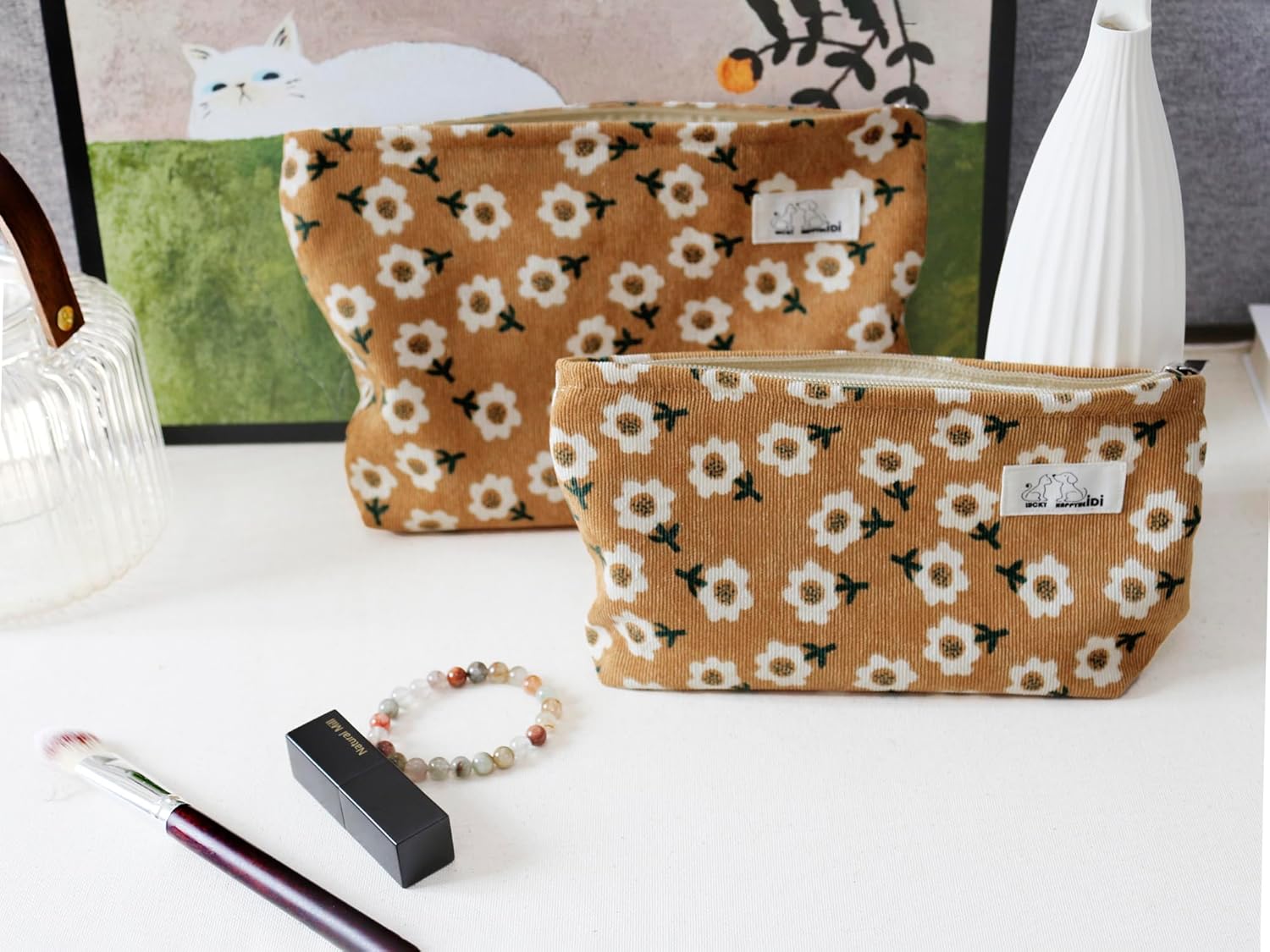 HAPPYHEIDI Floral Makeup Bag Set 3 Cosmetic Toiletry Organizer Zipper Pouch for Purse Tote, Women Girls Gift, Large Medium Small, Kihaki Brown Corduroy - Image 5
