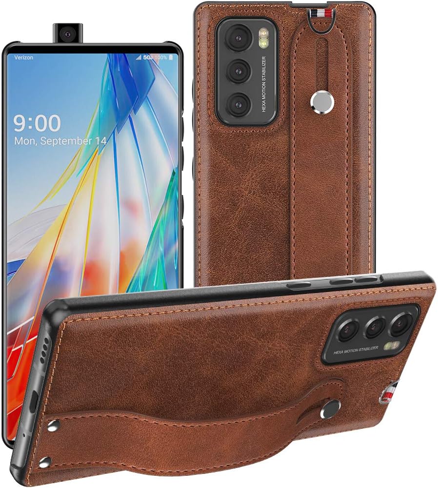 Fol for LG Wing 5G Case,for LG Wing Case 2020,[Slim and Lightweight] PU Leather Back Cover Support Swivel Mode Hard PC Holder with Hand Strap Protective Phone Case for LG Wing 5G 6.8 Inches (Brown)