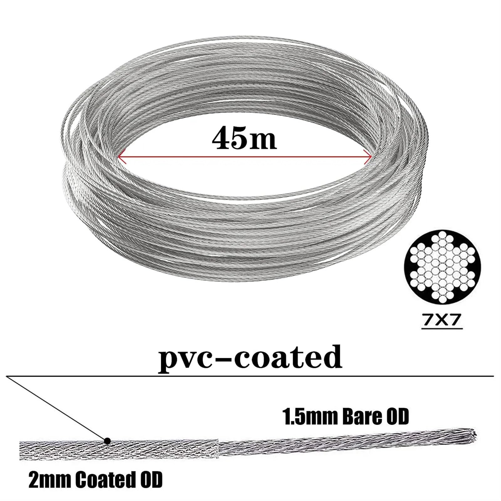 Tenditore Cavo Acciaio Corda in acciaio inossidabile 45M 304 Kit da 2 mm Fune metallica rivestita in PVC da giardino Tenditore M4 Gancio e anelli di crimpatura in alluminio