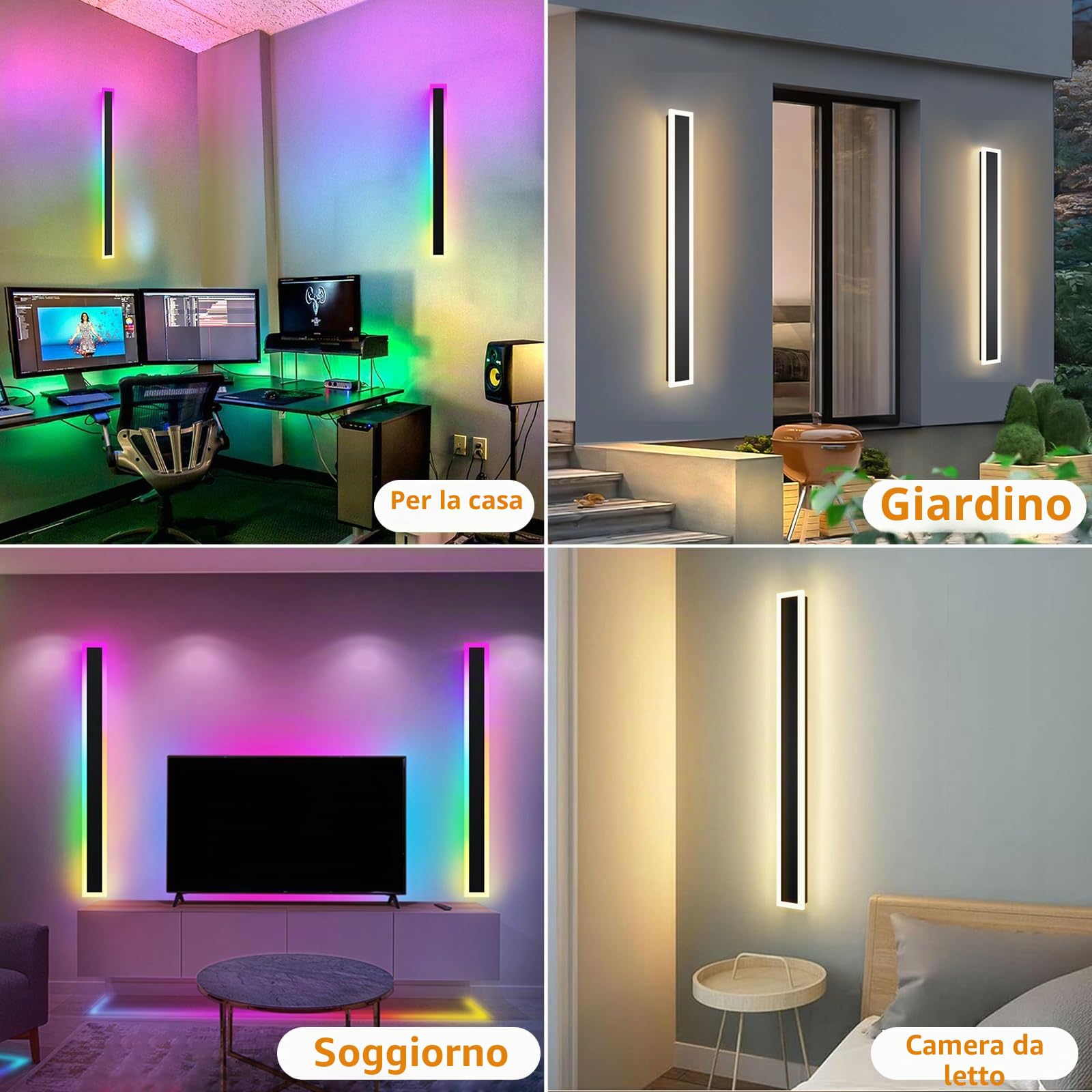 RGB LED Illuminazione da Parete Esterno, 120cm 2Pezzi RGB/Caldo/Bianco Metallo Dimmerabile Lunga Luci Esterne Parete, Ip65 Impermeabile con Telecomando e APP per Esterni/Interni, Giardini, Villa-120cm