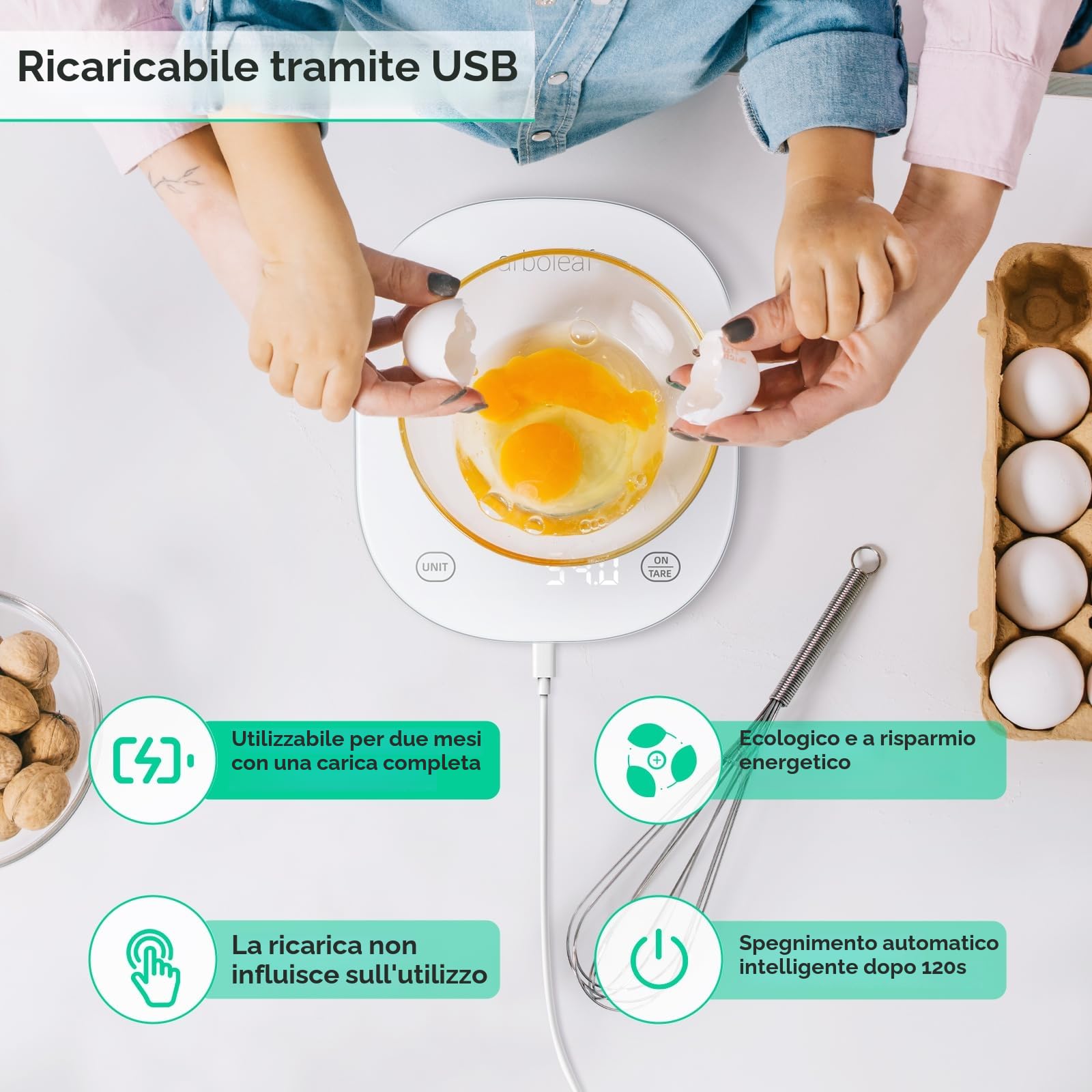 Bilancia da Cucina Digitale arboleaf Bilancia Cucina Bilancia da Cucina con Calcolatrice Nutrizionale, Funzione Tara, Ricaricabile USB, 10 kg/22 lb