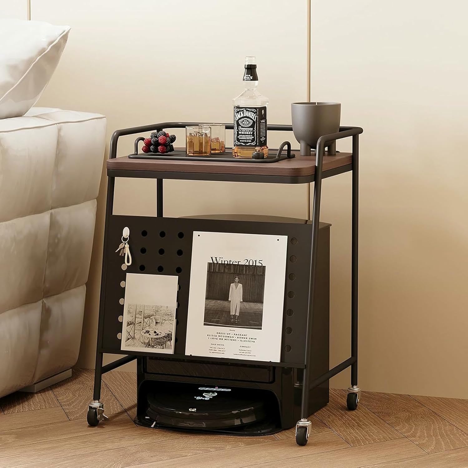 Sweeper Robot Vacuum Cleaner Storage Cabinet, Portable Robot Night Stand with Wheels Accent Side Tables for Living Room Bedroom