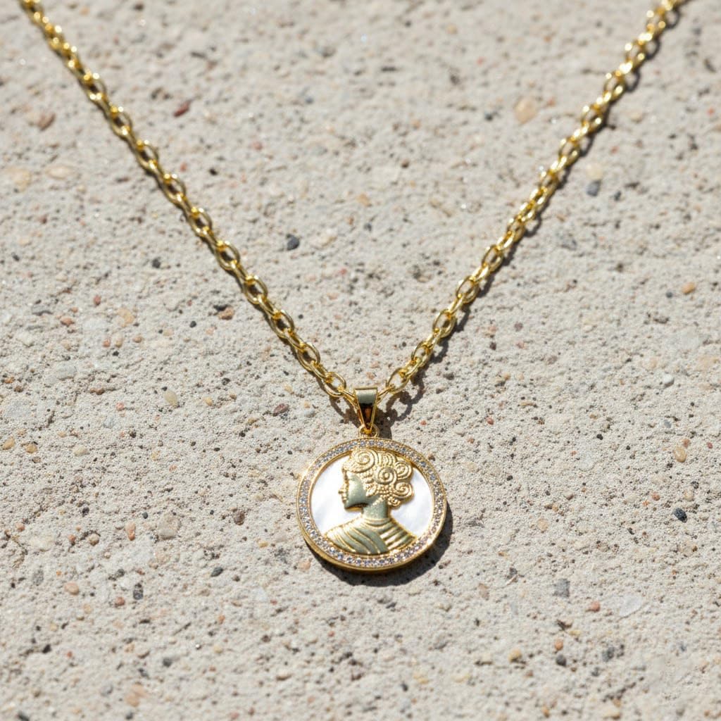 Vintage Goddess Coin Necklace, gold-plated copper material, natural seashell portrait pendant, set with cubic zirconia, vintage relief jewelry, adjustable chain, a fashionable gift - Image 8