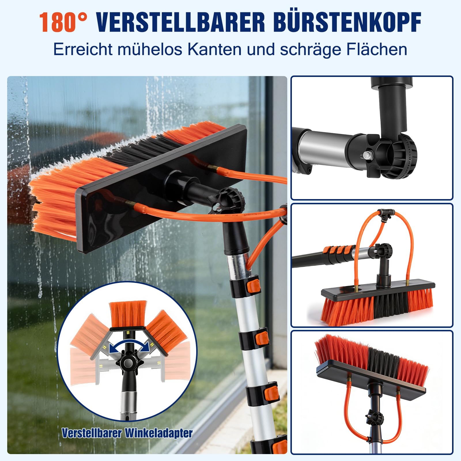 5,5 m Teleskop Waschbürste mit Wasseranschluss, Teleskopstange Reinigungsset mit 180° Bürstenkopf & Seifenspender, Waschbürste mit Teleskopstiel für PV-Anlage, Wintergarten, Terrassendach, Fenster | 5,5 m Teleskop Waschbürste mit Wasseranschluss, Teleskop