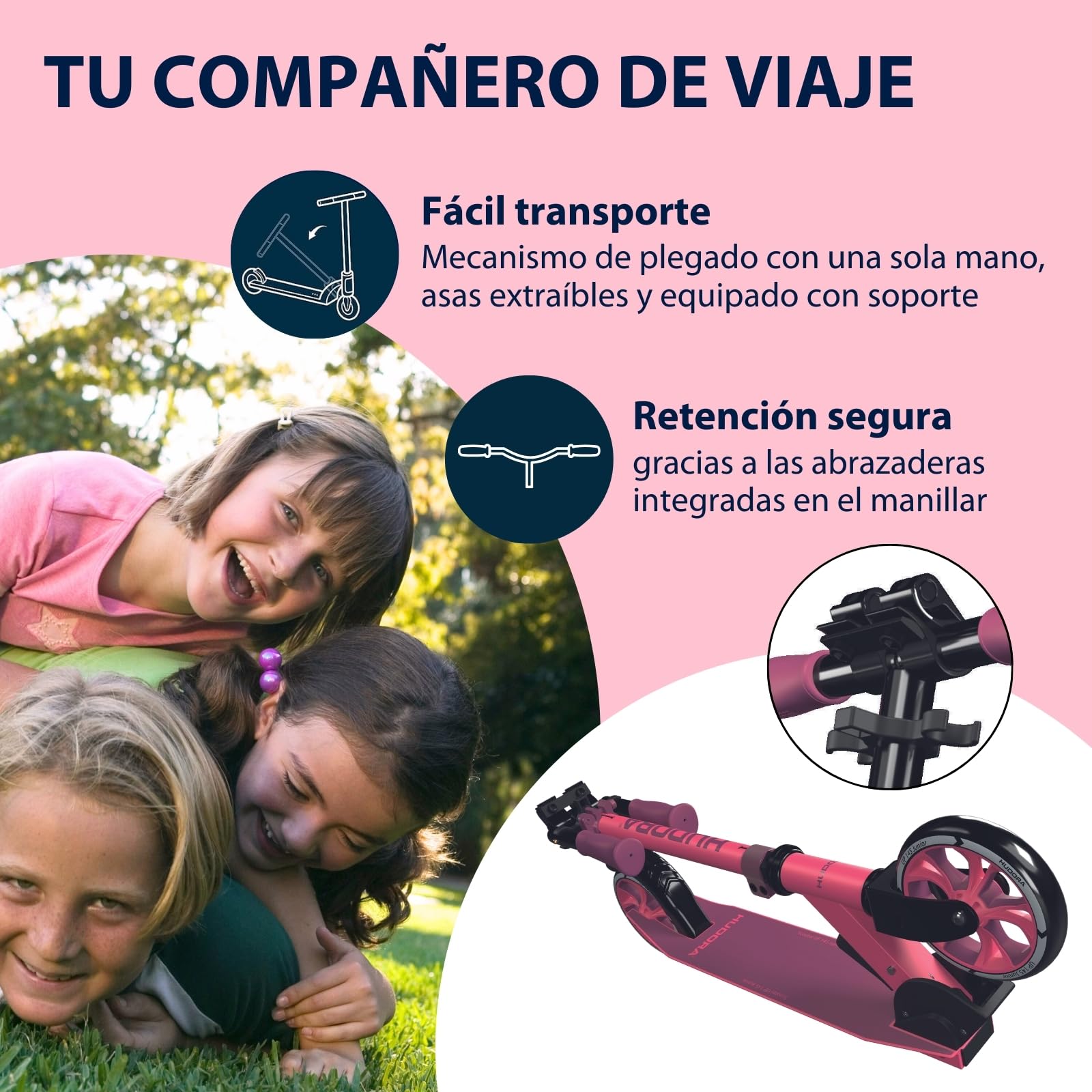 HUDORA Scooter Up 145 Junior - Patinete infantil seguro a partir de 3 años - Patinete urbano plegable con ruedas de 145 mm - Patinete ajustable en altura para niños y niñas de hasta 60 kg, pixie/berry