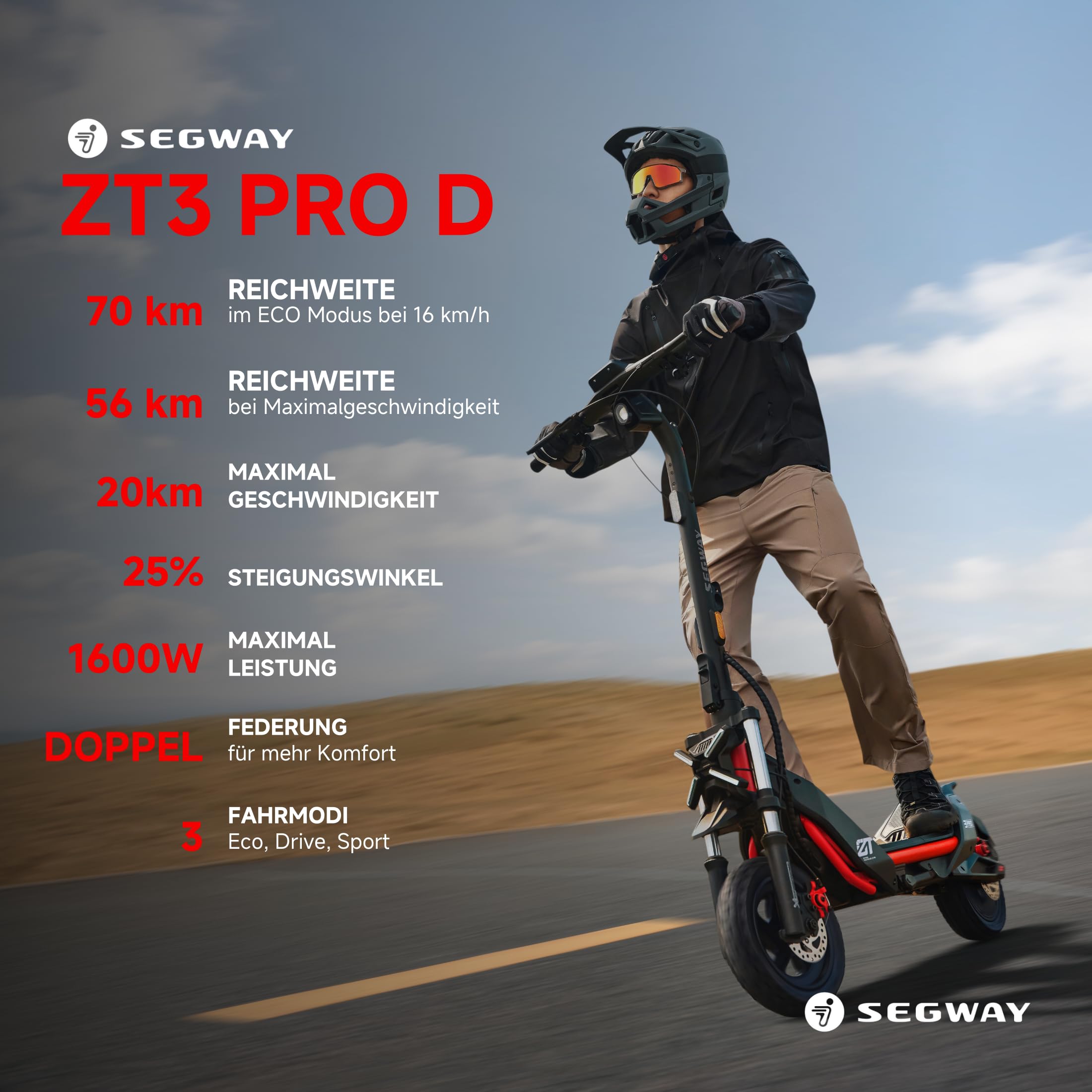Segway ZT3 Pro D, E-Scooter mit Deutscher Straßenzulassung, 70 km Eco Modus Reichweite, 56km im Sport Modus, Vollfederung, 120 kg Tragkraft, 25% Steigung, Offroad-Reifen, Apple Find My, wasserfest
