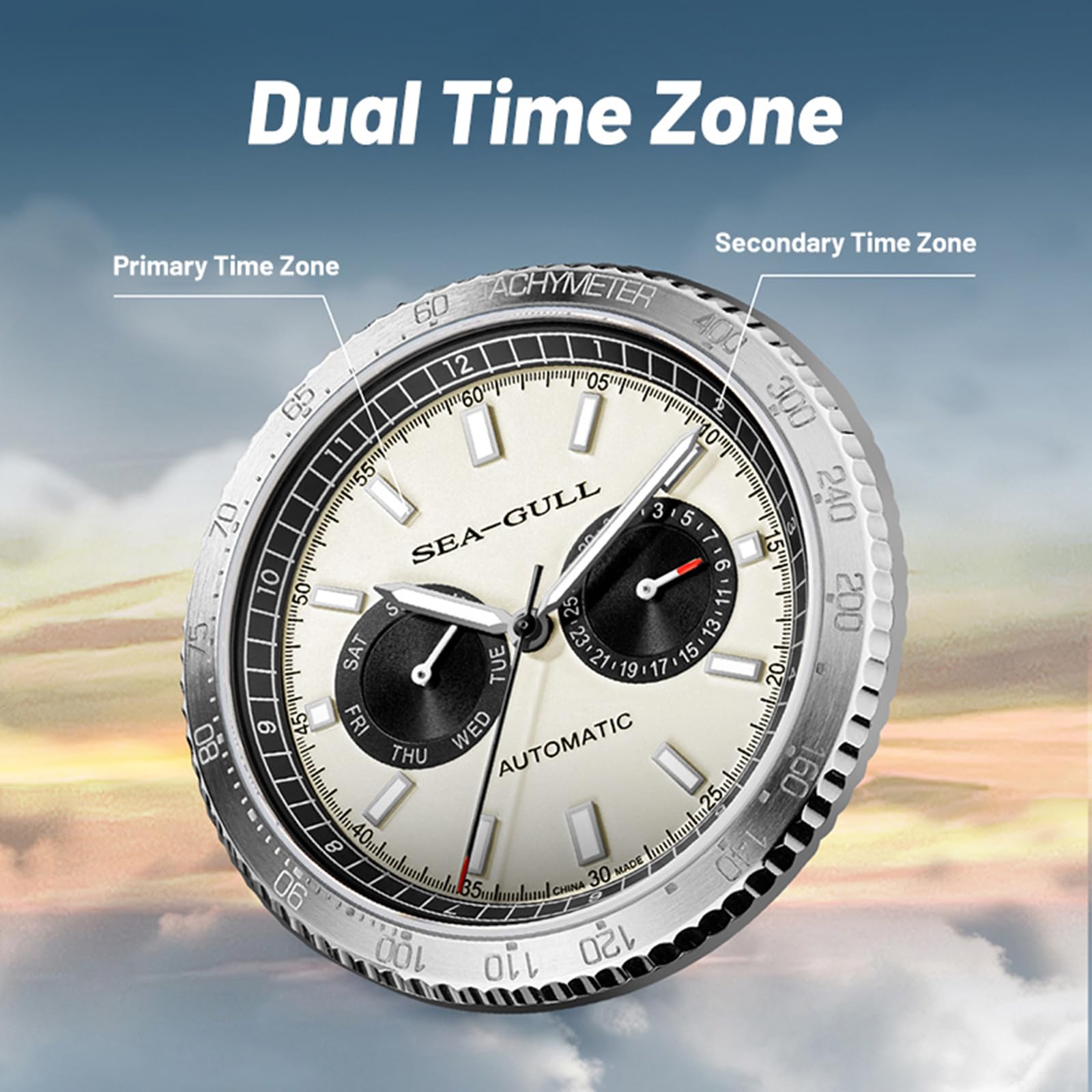 SEA-GULL Mechanische Herrenuhren, GMT Dual-Kalender, Panda-Auge, automatische Armbanduhr, Möwe ST2502, Tachymeter, leuchtend, 6177