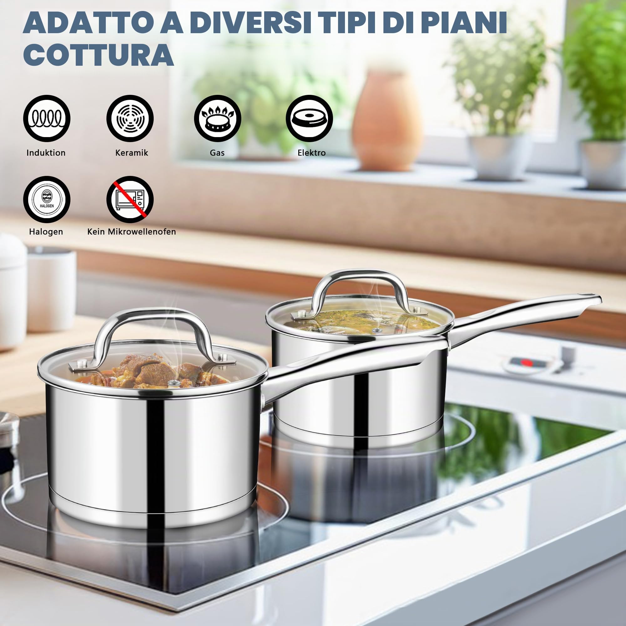 Joyfair Casseruola a 3 strati, 16 cm, con coperchio in vetro, 1,9 litri, in acciaio inox, piccola pentola per cucinare/riscaldare/bollire, pentola a induzione per tutti i piani cottura, lavabile in