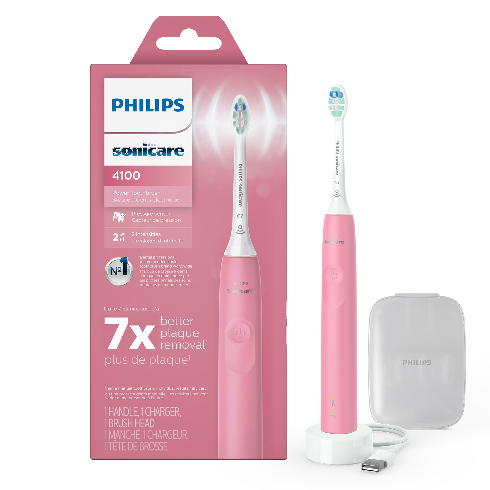 Philips Sonicare 4100 Rechargeable Electric Toothbrush, Advanced Plaque Removal, Pressure Sensor, Includes Brush Head Case, Deep Pink BD5004AZ