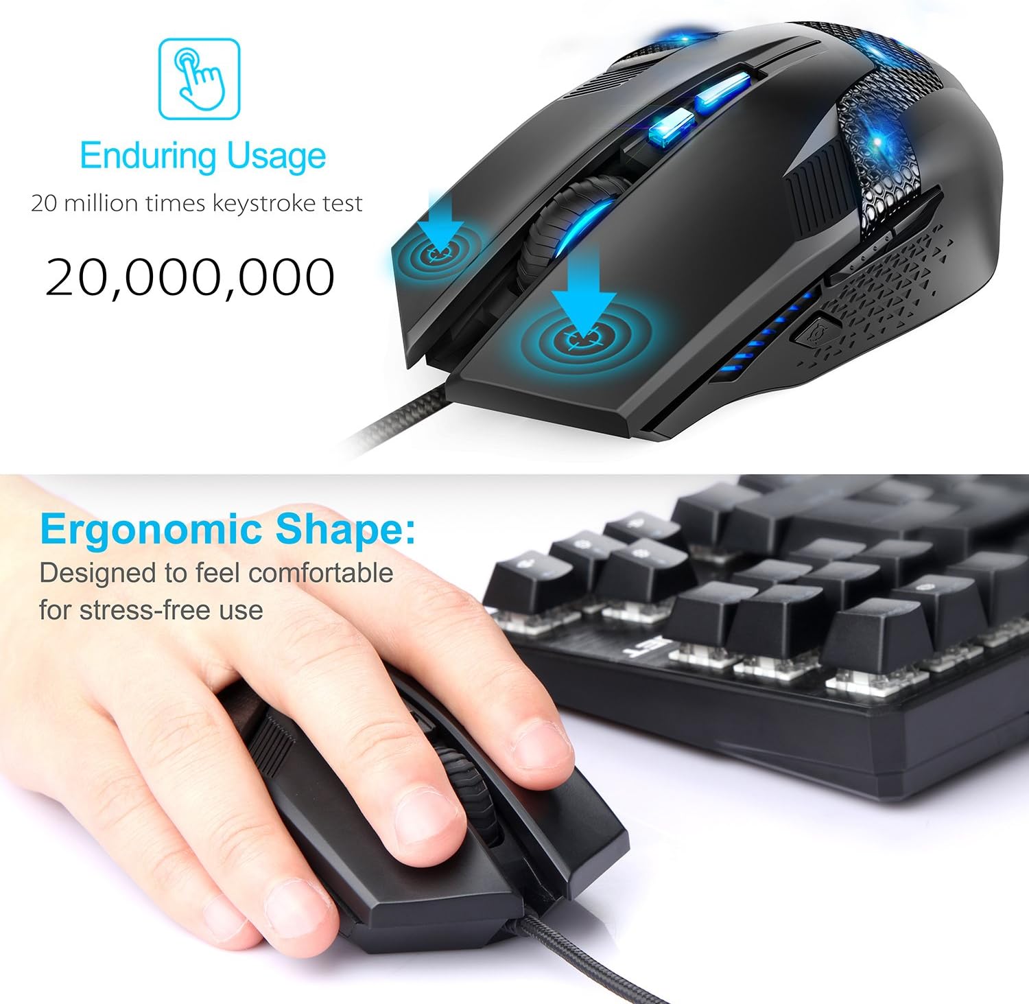 TECKNET Wired Gaming Mouse, Programmable Optical Computer Mice with Premium 7000DPI Sensor, 8 Programmable Buttons, 8 Breathing Light, Ergonomic Design, RGB Light, Support PC Laptop Desk