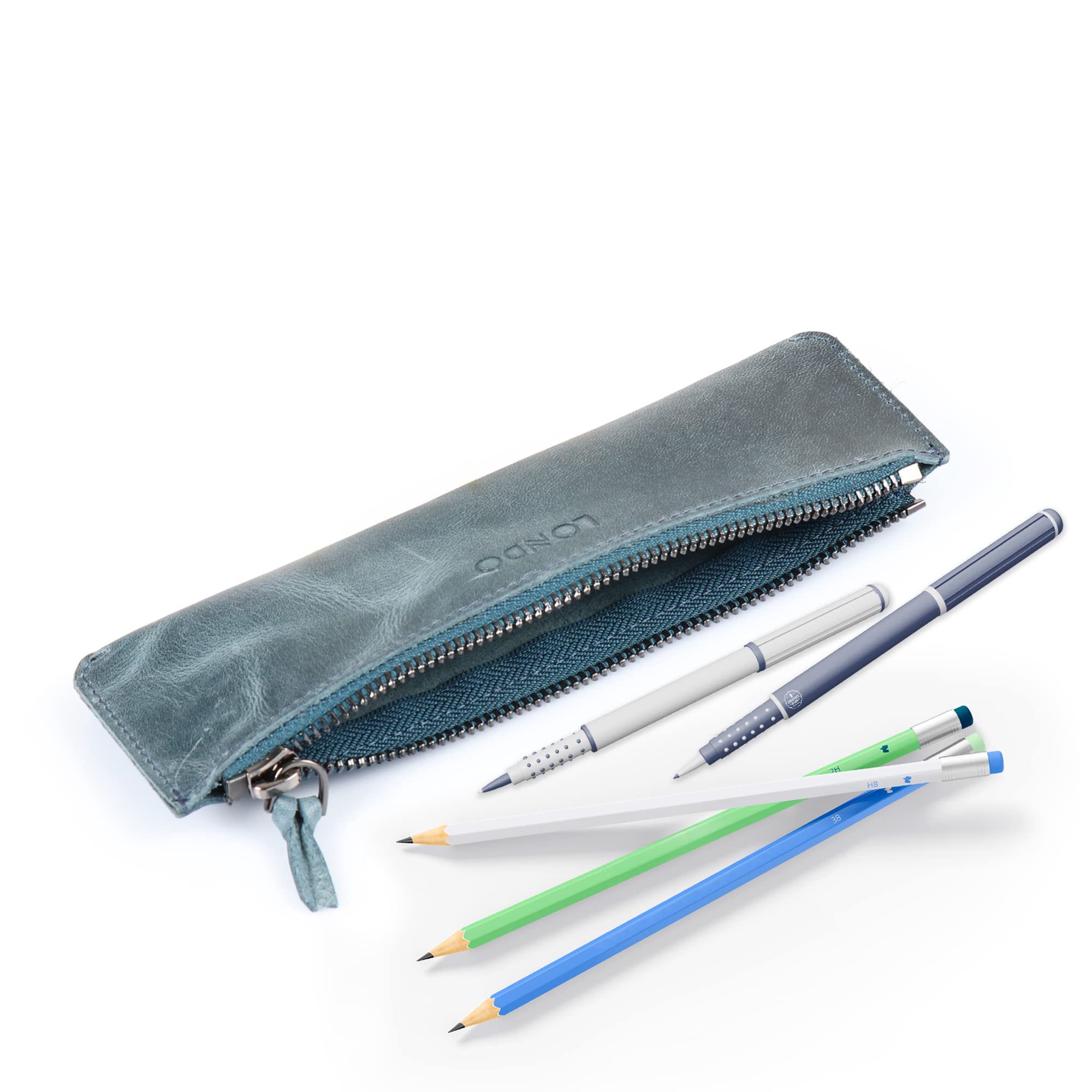 LONDO Genuine Leather Pen Case with Zipper Closure, Pencil Pouch Stationery Bag, Blue - Image 2