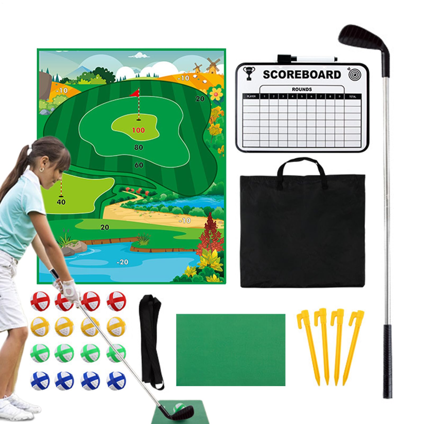 Battle Golf Chipping Game, mata do ćwiczeń dla dzieci, interaktywny zestaw treningowy z putterem i zieloną matą do użytku wewnątrz