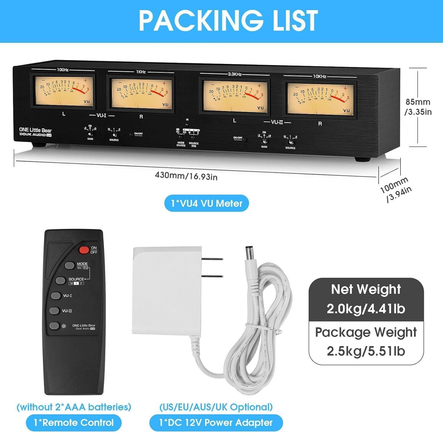 Analoges 4-Kanal-VU-Meter mit Audio-Umschalter, Spektrumanalysator und Rhythmuslicht, dB-Anzeige, Fernbedienung, EQ- und VU-Modi, Einstellbarer Hintergrundbeleuchtung für Musikstudios