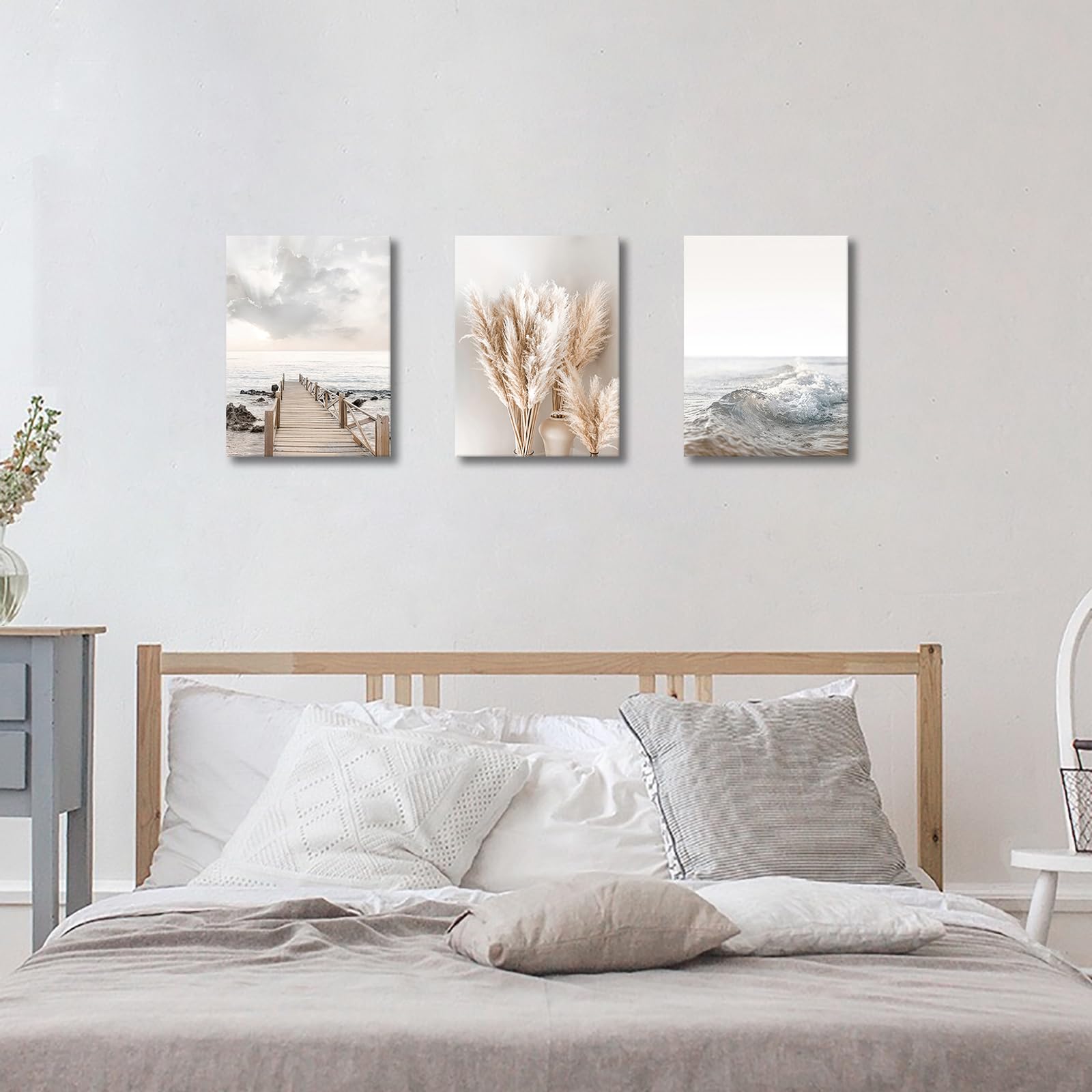 3 Pcs Wooden Framed Canvas Wall Art Set Bohemian Sage Green Canvas Prints Poster Geometric Line Beige Green Pictures for Living Room Bedroom Dinning Room Hallway Stairs Wall Decor 30x40cm x3pcs — view 268