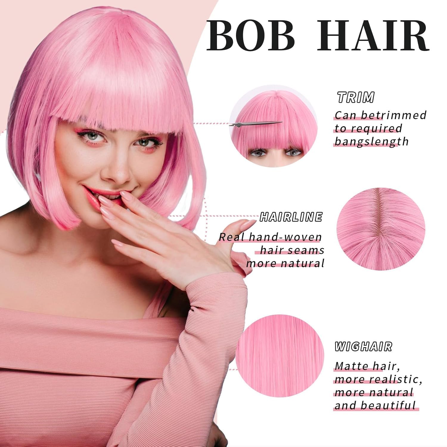 SUKRI Pink Bob Wig with Bangs, 12-Inch Heat-Resistant Synthetic Hair