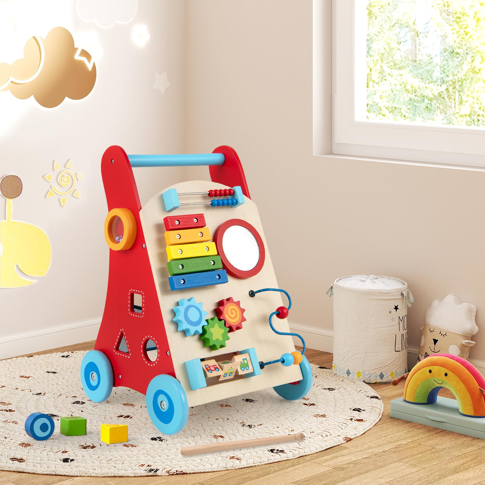COSTWAY Andador Bebes de Madera, Andador de Empuje con Asa, Almacenaje y Ruedas, Juguete de Actividades de Empuje y Tirón, Correpasillo Montessori de Sentado a de Pie para Niños de 3+ Años
