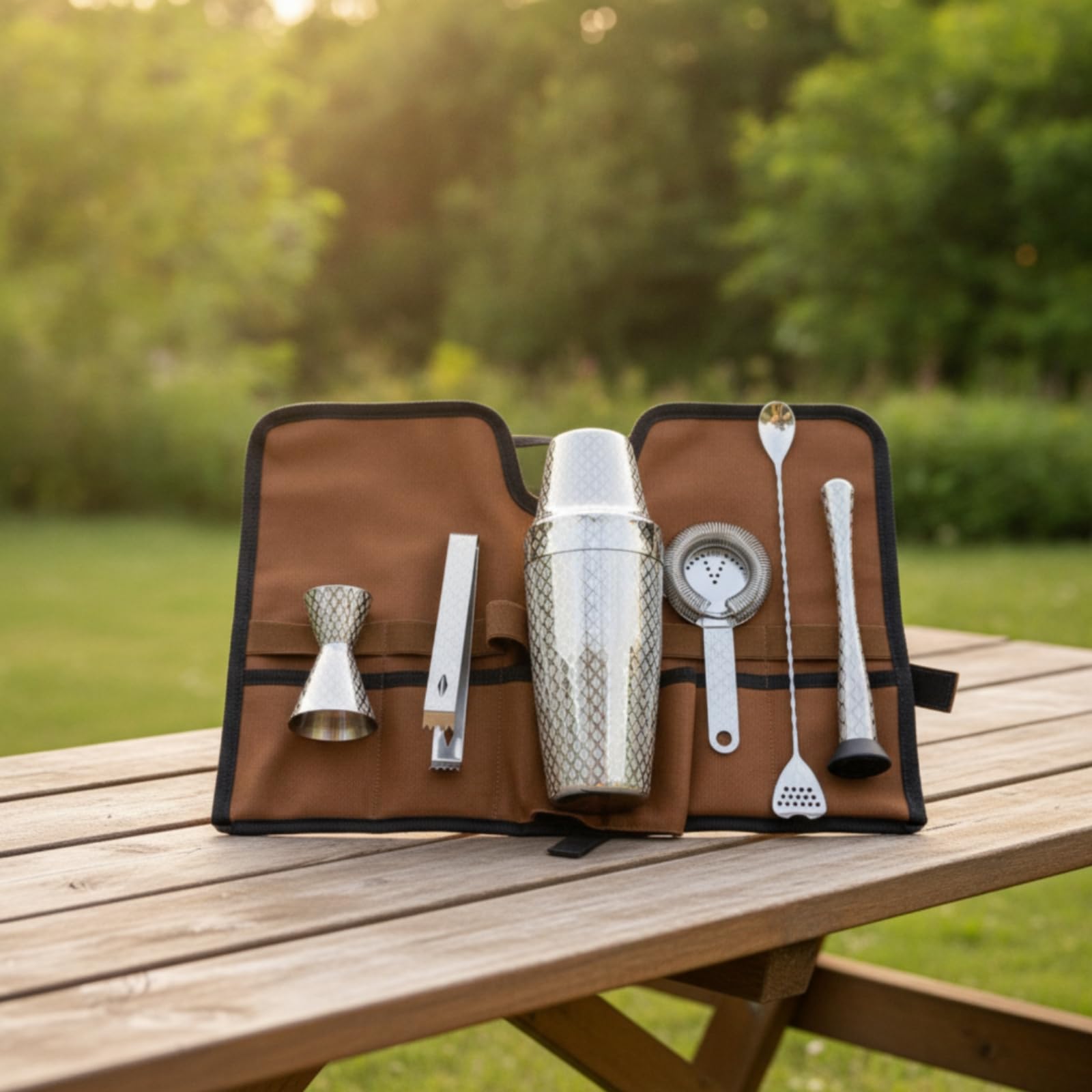 7 Pezzi Kit da Bar con Borsa Professionale Kit da Cocktail con Borsa Compatto Shaker Accessori per Barman, Casa, Set Da 7 Pezzi Boston Con Motivo A Rombi Inciso, Con Base