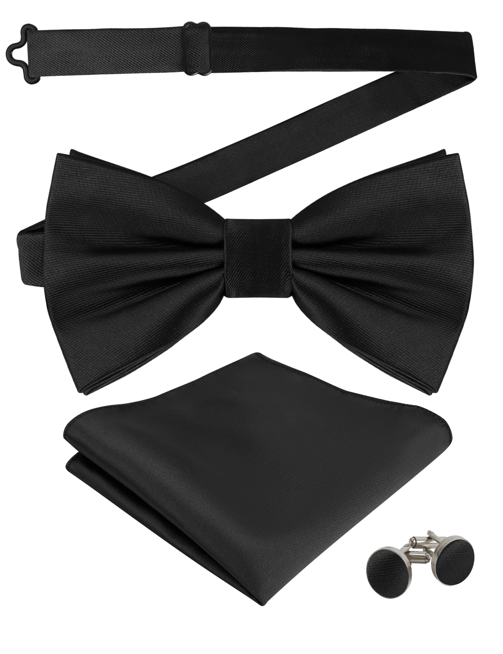 Mens Tuxedo Bow Tie, Hanky and Cufflinks Set (Black)(Size: One Size)