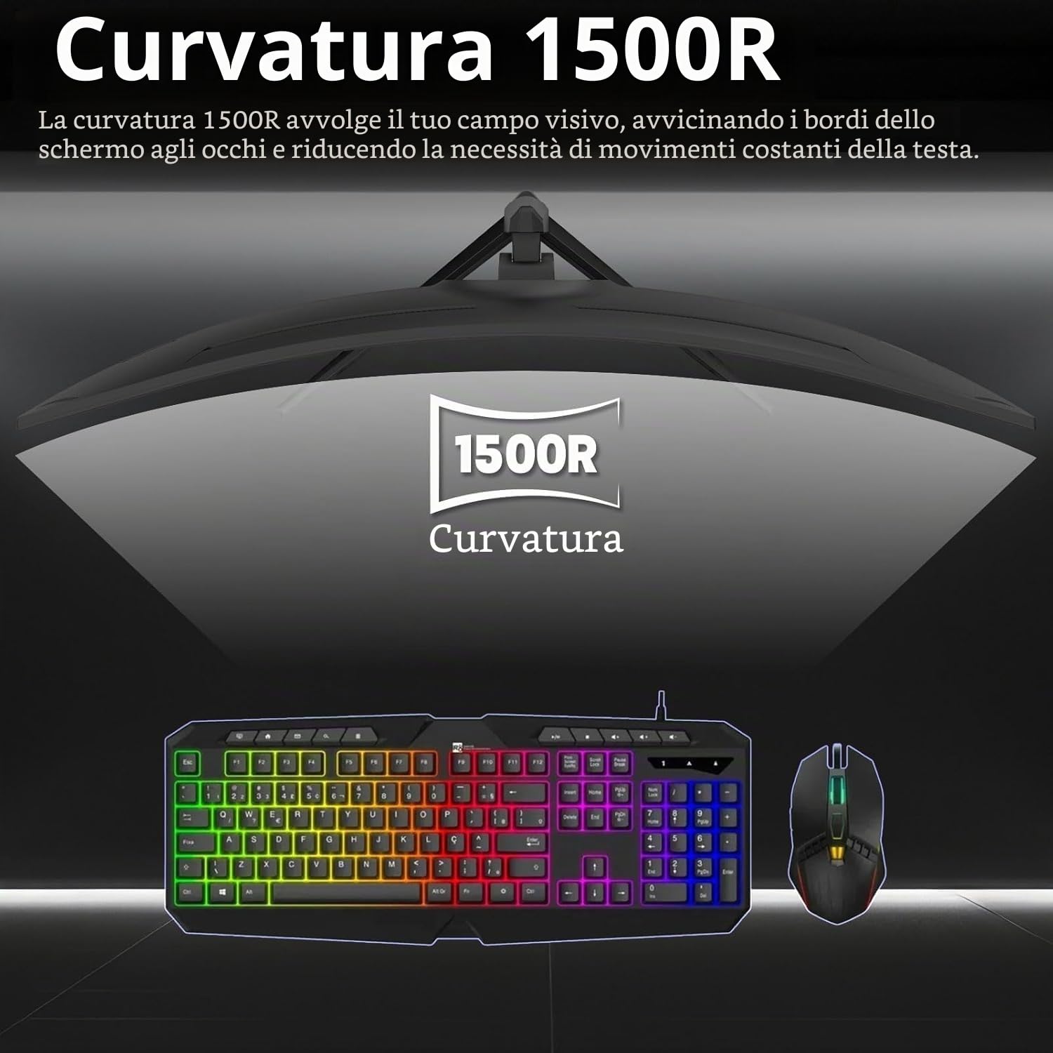 Monitor Gaming Curvo Ultrawide da 49" (1500R), DQHD 5120×1440, 165Hz/1ms, FreeSync, sRGB 120%, altezza regolabile, HDMI 2.1/DP 1.4, compatibile con VESA