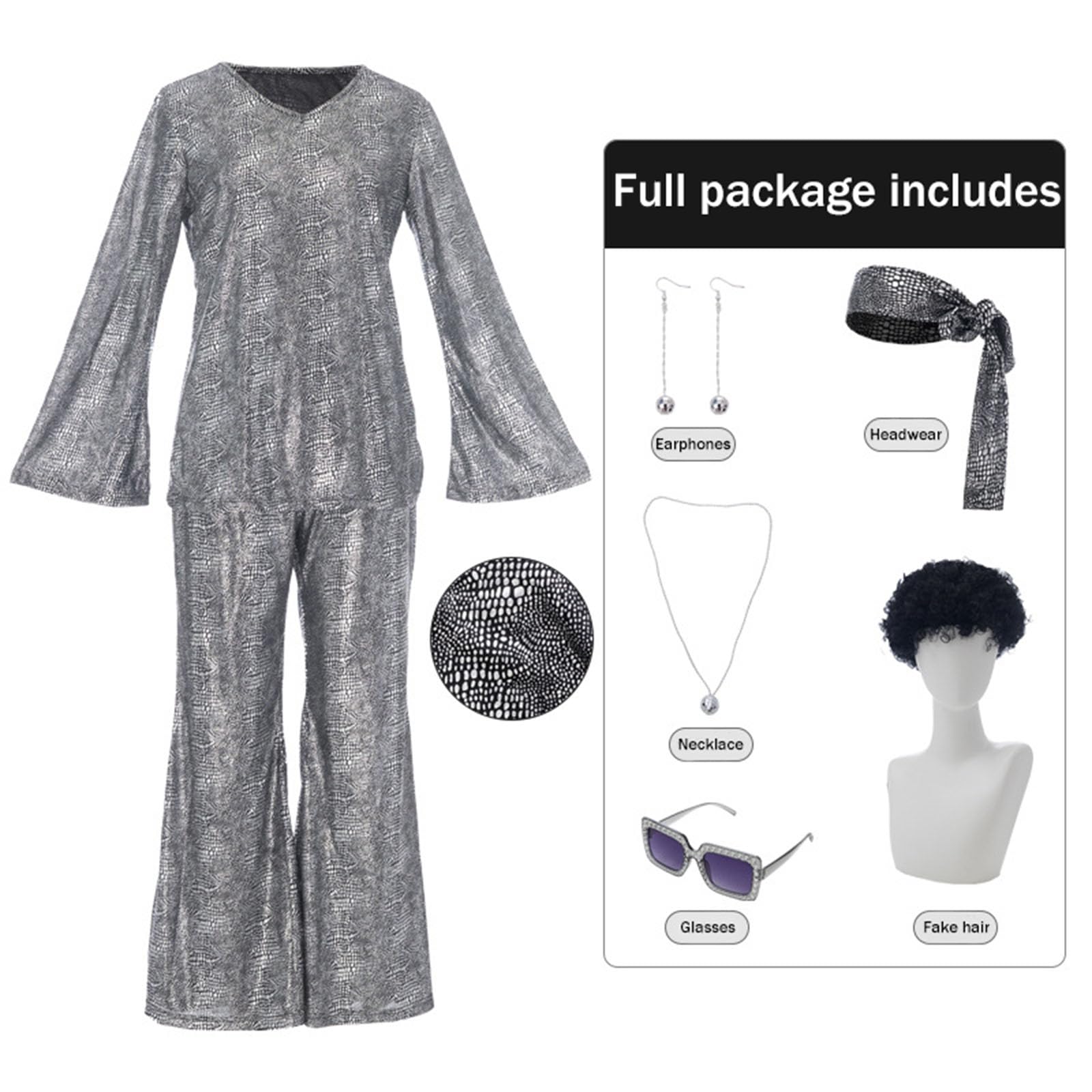 Disco Kostüm Damen 60er 70er Jahre Disco Outfit mit Perücke Halskette Armband Ohrringe Stirnband Pailletten 80er Jahre Hippie Kostüm für Halloween Faschingskostüme Themenparty S-3XL