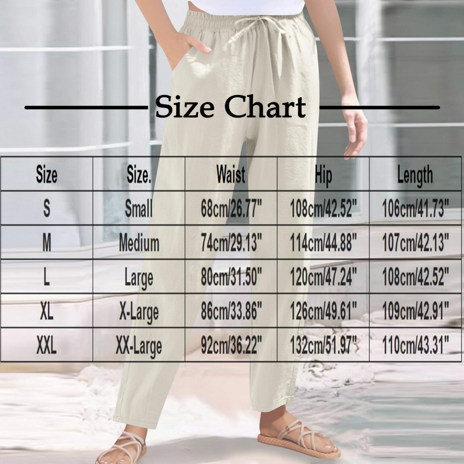 Womens Cotton Linen Tapered Pant Summer Elastic Waist Drawstring Ankle Cropped Trouser Casual Beach Pant with Pocket Beige