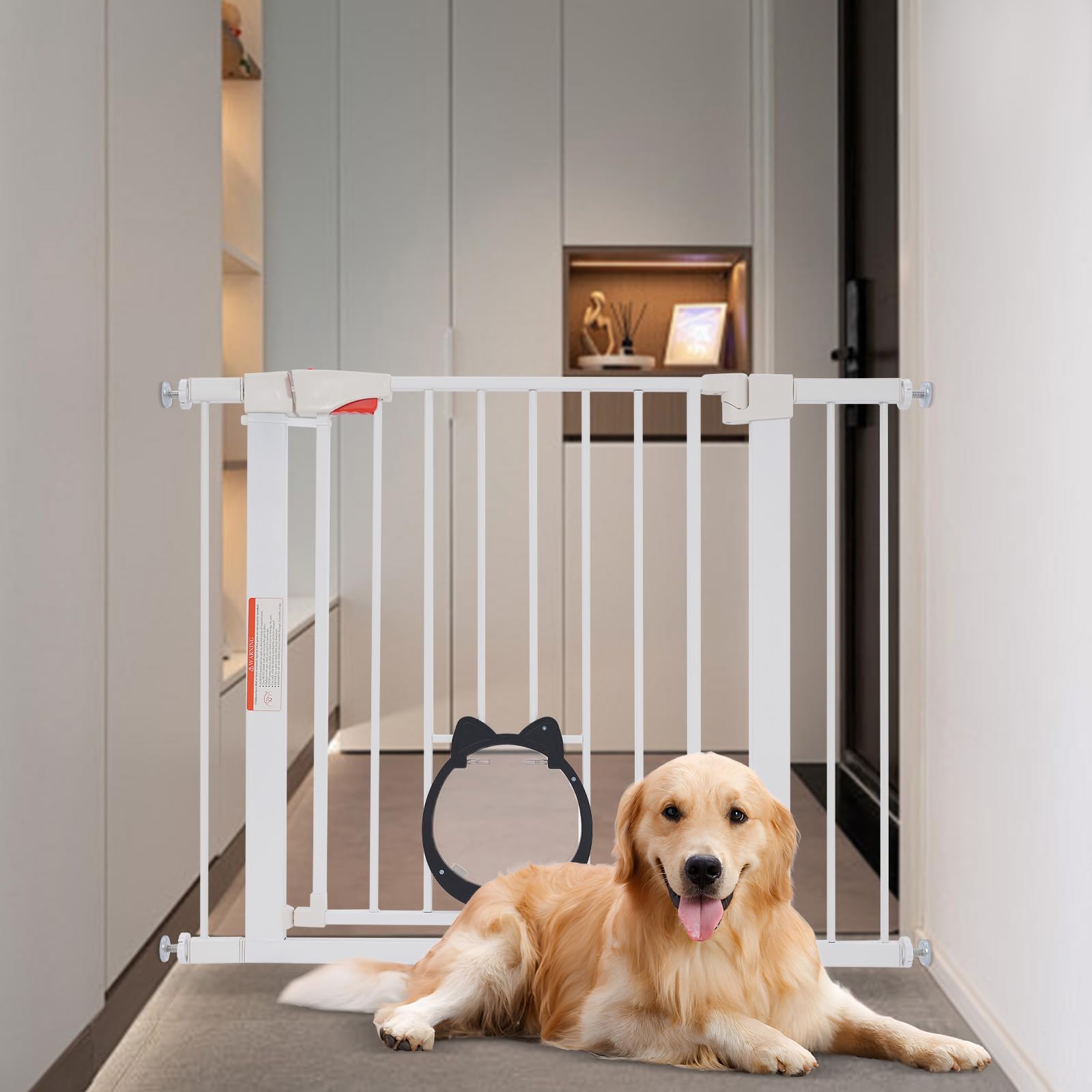 Rejilla de protección para puerta para perro, 75-103 cm, ajustable, barrera para perros sin taladrar con puerta para mascotas, 76 cm de alto, doble cierre, puerta de barrera para perros, color blanco