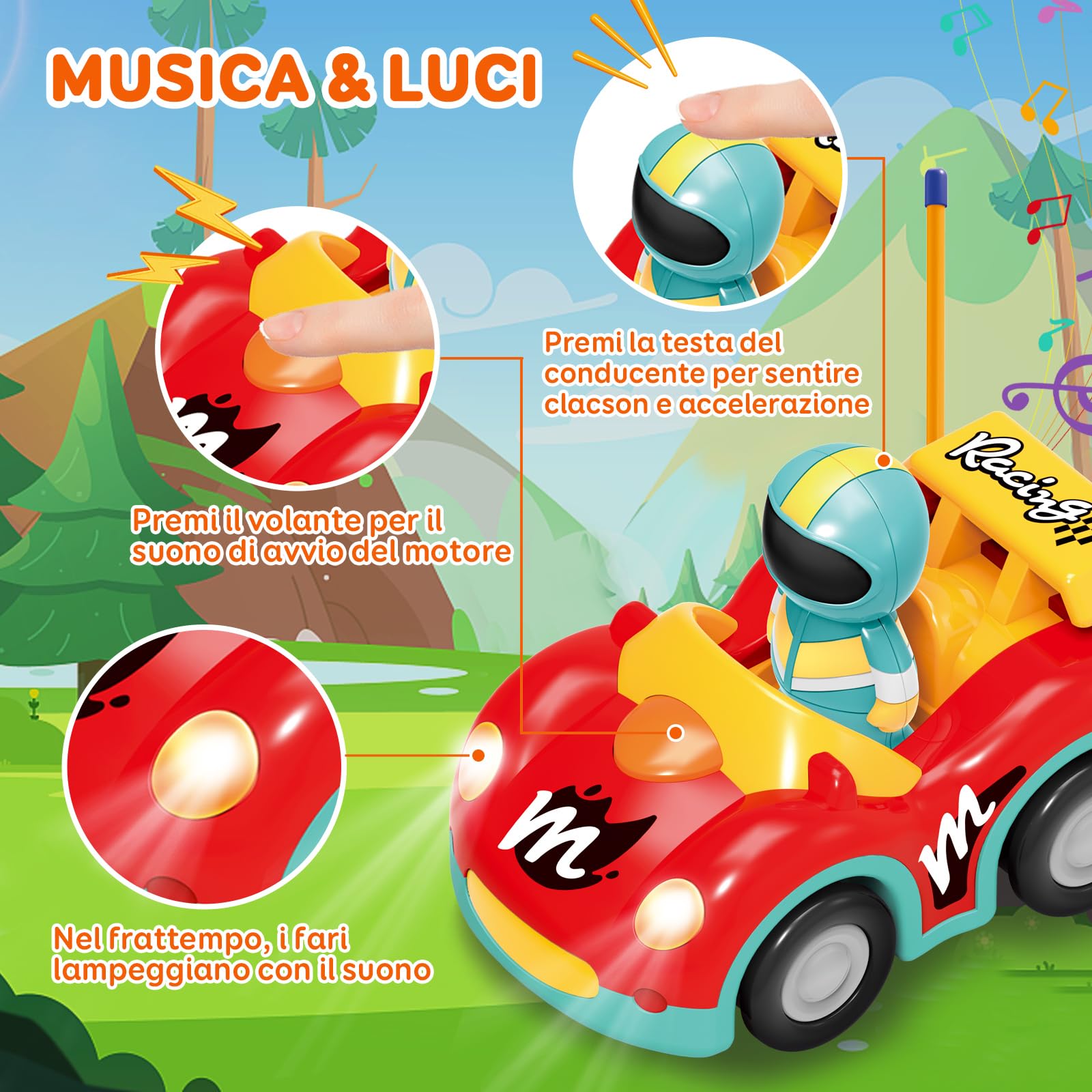 Pup Go Macchina da Corsa RC Cartoon per Bambini 18 Mesi+ con Musica e Luci, 2 Bambole Intercambiabili, Prima Macchina Telecomandata per Prima Infanzia, Regalo Perfetto per Compleanno o Natale, Rosso