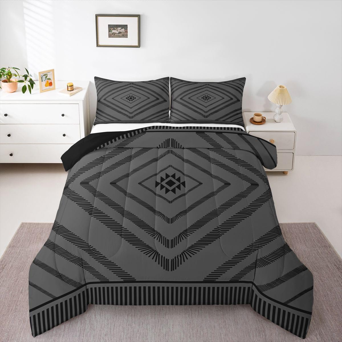 Feelyou Aztec Comforter Set King Size Boho Bedding Set for Kids Boys Girls Black Moroccan Style Duvet Quilt Classic Diamond Pattern Bedroom Decor Microfiber 3 Pcs with 2 Pillow Cases