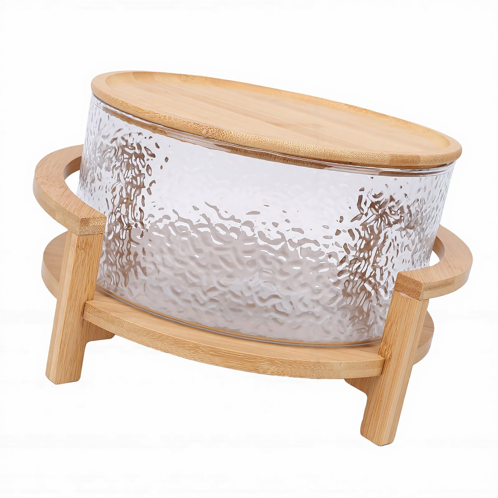 Bewinner Cuenco de Vidrio con Base de Madera, Juego de Ensaladera de Gran Capacidad, 4,3 L con Tapa para Servir Frutas, Postres, Fiestas y Cenas