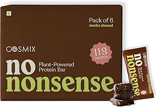 Cosmix No-Nonsense Protein Bar | Mocha Almond | 11g Complete Plant Protein + 6g Fibre | No Added Sugar or Preservatives | Gluten & Lactose-Free, Gut-Friendly | 45g Bar | Pack of 6