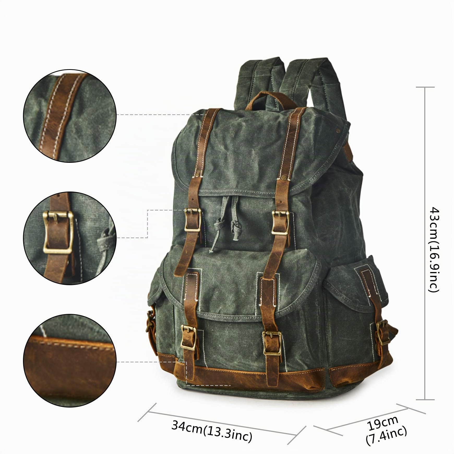 Zaino da Viaggio Uomo Donna in Tela Cerata Stile Vintage Impermeabile，Zaino Tela，Zaino Università Casual Lavoro(Verde Scuro) | Trim Casual 15,6 pollici Laptop Bookbag Zaino da viaggio Impermeabile Zaino da Viaggio Zaino Vintage per Uomo e Donna