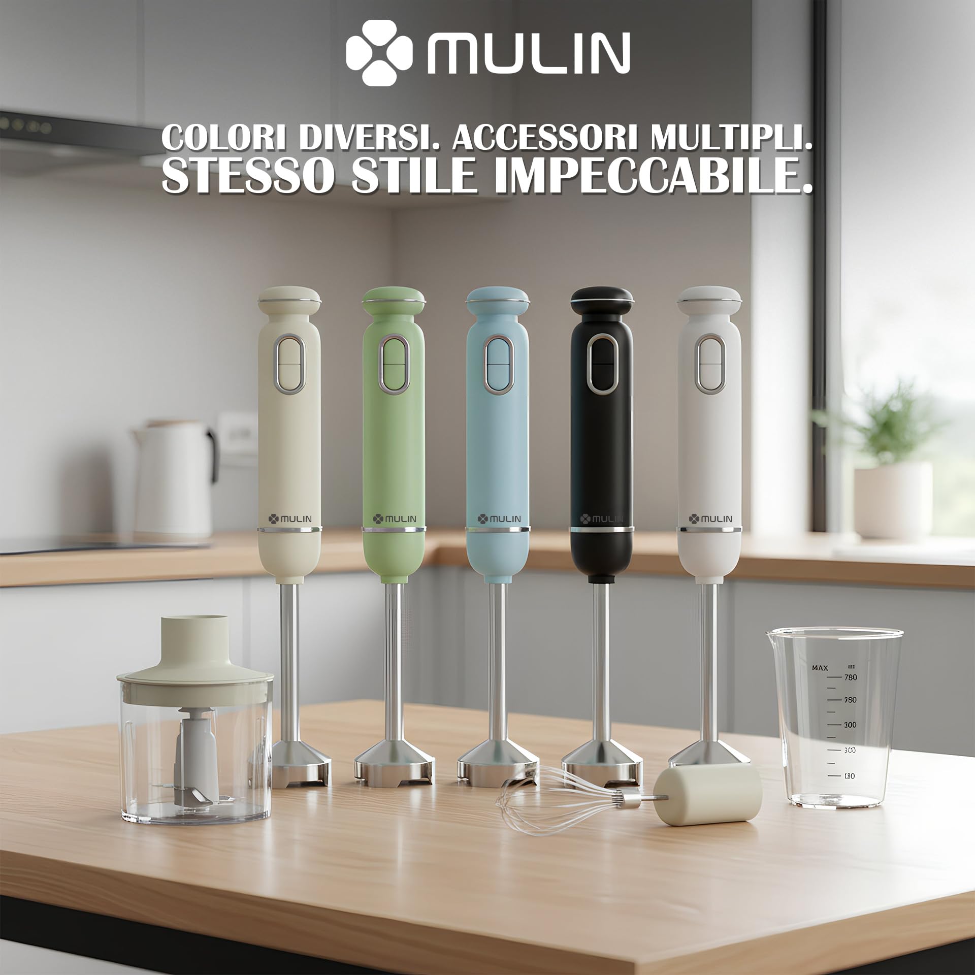 MULIN Frullatore a Immersione 4 in 1, 600W con Velocità Regolabile e Protezione Anti-Schizzo, Include Frusta, Bicchiere e Tritatutto, Ideale per Zuppe, Salse e Frullati in Cucina