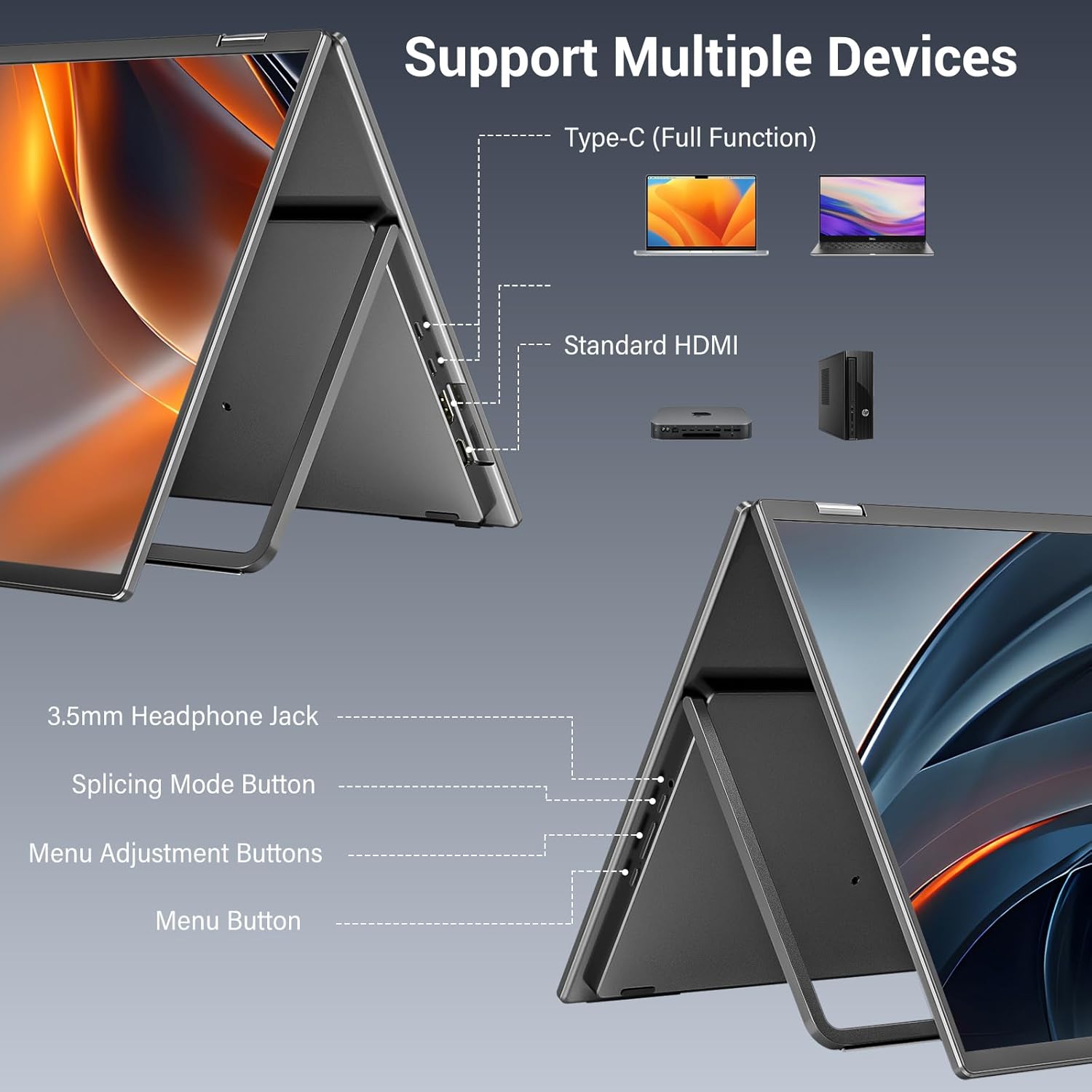 InnoView 18.5" Dual Portable Monitor 100Hz 2K 2560x1600P 100% sRGB Foldable & Stackable Design with 315° Screen Adjustment | DP/USB-C/HDMI, Second Monitor for Laptop, Mac, Windows