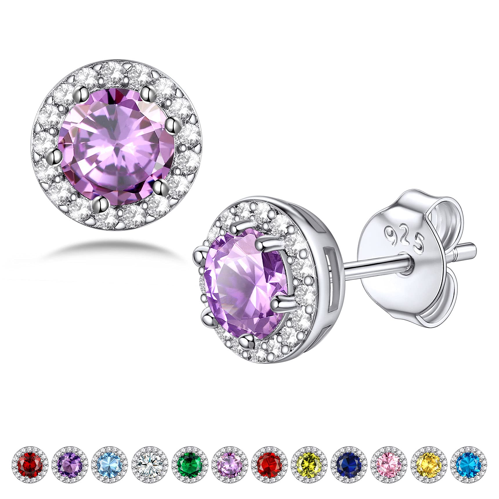 Bestyle Sparkling 925 Sterling Silver Birthstone Stud Earrings for Women, Heart/Round/Teardrop/Square Solitaire Diamond Studs Earrings, Great Birthday/Christmas Gifts