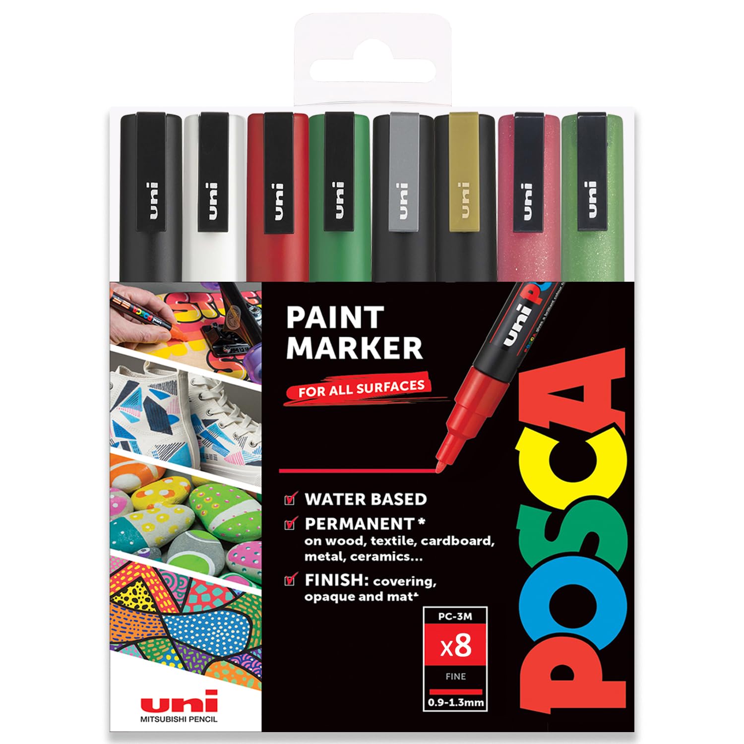 Posca PC-3M - Feutres de peinture - 0,9-1,3 mm - Lot de 8 teintes de Noël dans une boîte cadeau