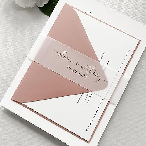 Paquete de 50 bandas de vitela para el vientre, envolturas de vitela personalizadas para invitaciones, papel de envoltura de vitela translúcido de 5