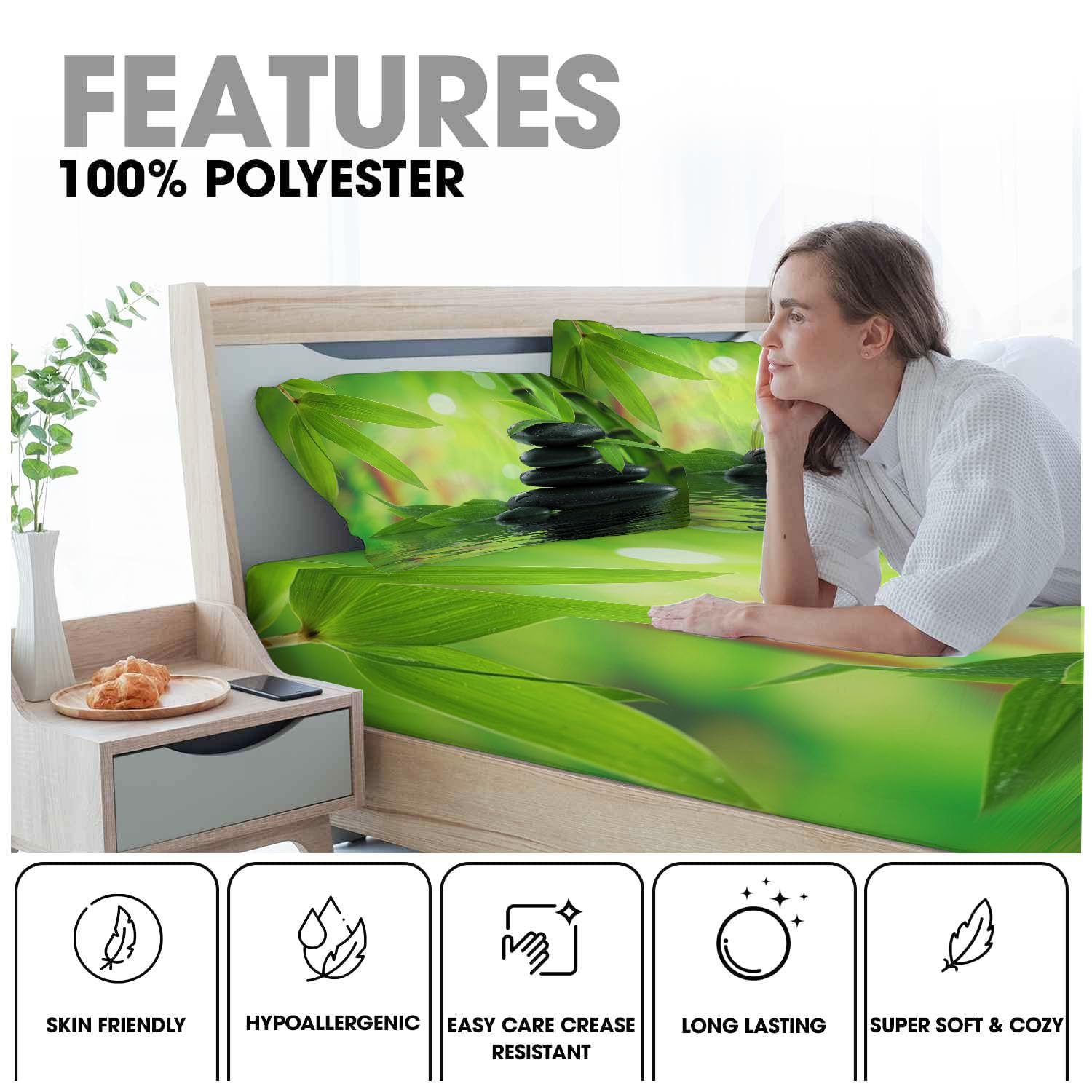 Sábana Ajustable Suave Plantas Naturales Guijarros Negros Bambú Impresión, Verde Microfibra Suave Transpirable Sábana Ajustable, 180x200cm Elástico en el Borde Bolsillo Profundo 30cm