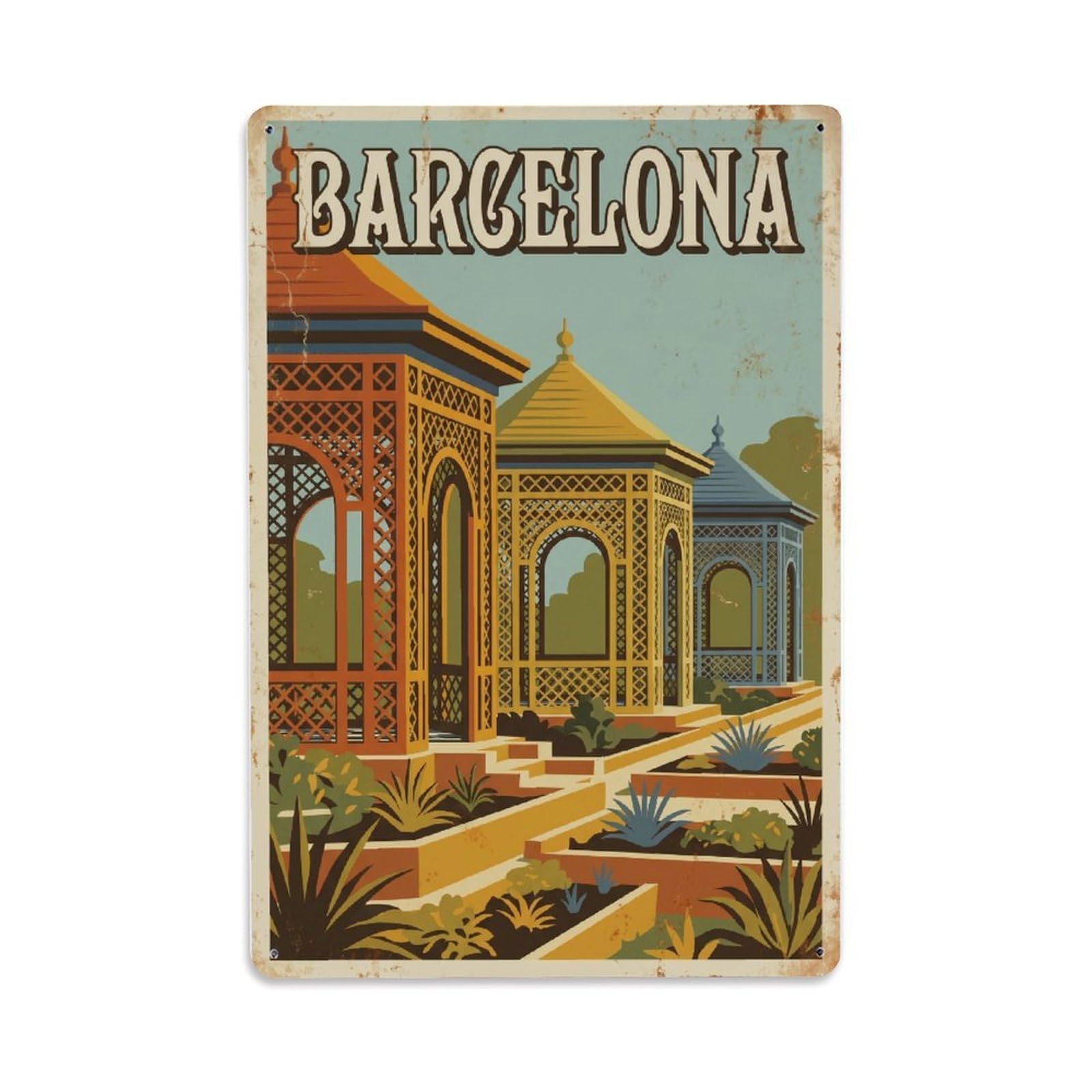 Vintage Travel Pavilions Spain Garden Metal Tin Sign Plaque Wall Decor for Cafe, Club Bar, Office, Home Garden Metal Poster 8x12Inch