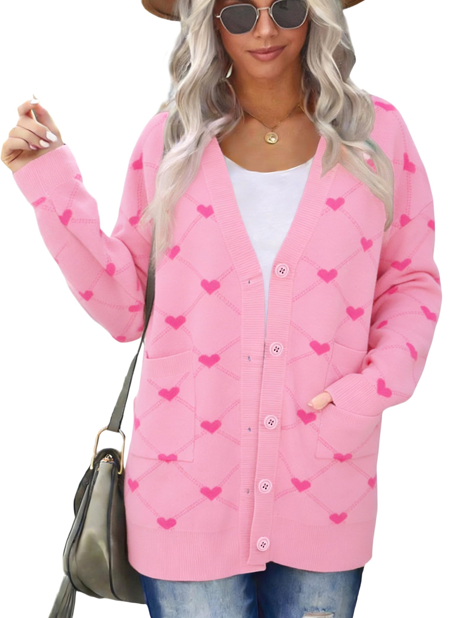 Valentine Cardigan Sweaters for Women Button Down Sweater with Pockets Cute Heart Print Open Front Knit-image-41