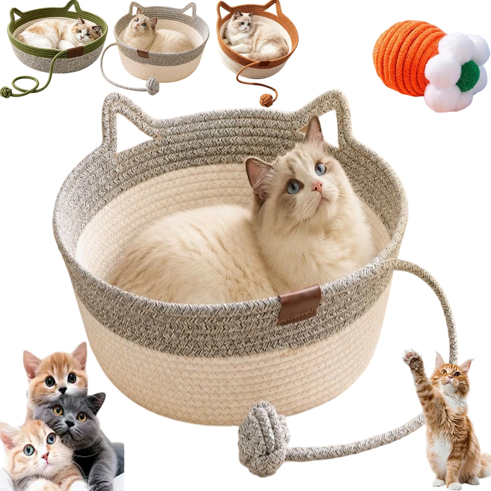 Handwoven Cat Basket, Instinct Basket for Cats, 14/16/18in Cotton Rope Cat Bed with Hanging Toy Ball, Breathable Washable Round Nest Cat Scratcher for Indoor Kittens (Gray S)
