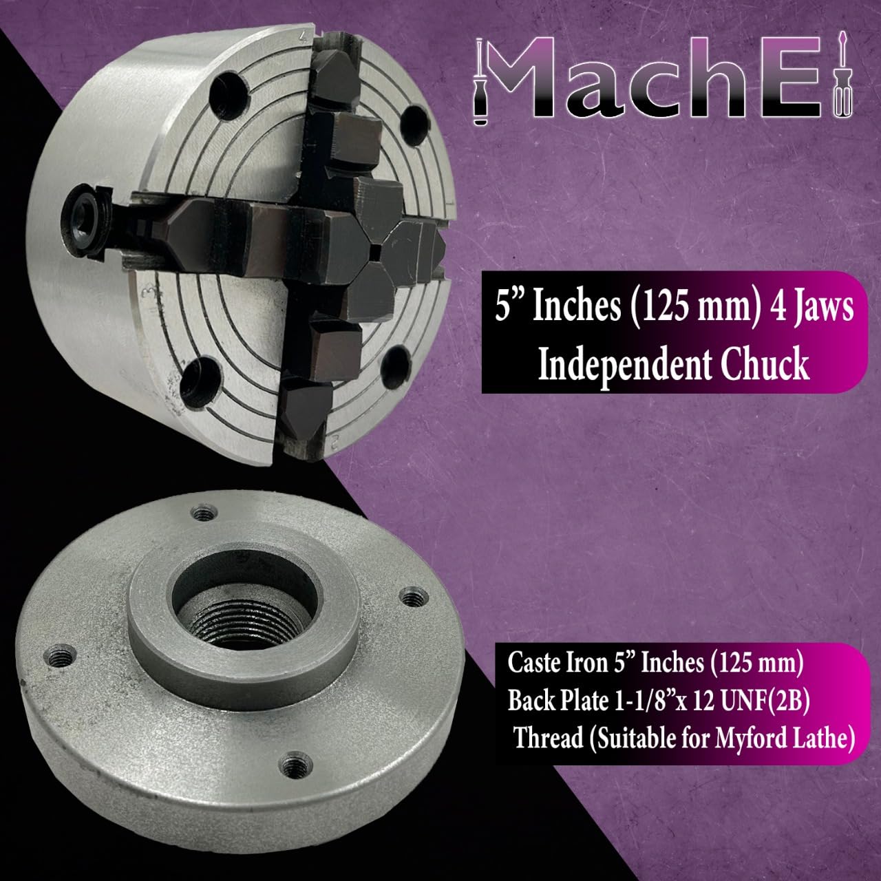MachEl 5" (125 mm) 4-szczękowy niezależny uchwyt tokarski z żeliwną płytą tylną, gwint 1-1/20.3 cm x 12 UNF (2B), nadaje się do tokarki Myford, hartowane, odwracalne szczęki | precyzyjne narzędzie